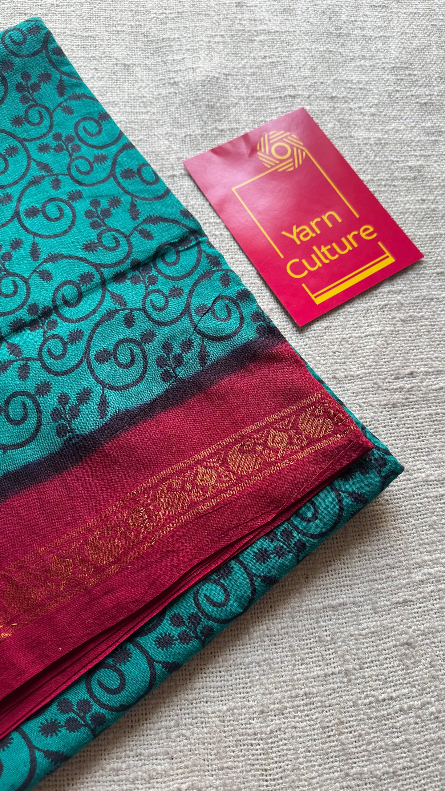 Madisar saree (9 yards) - Aqua green with red, motif printed, kattuchayam dyed madurai sungudi cotton saree - YCCOTNMSFE80