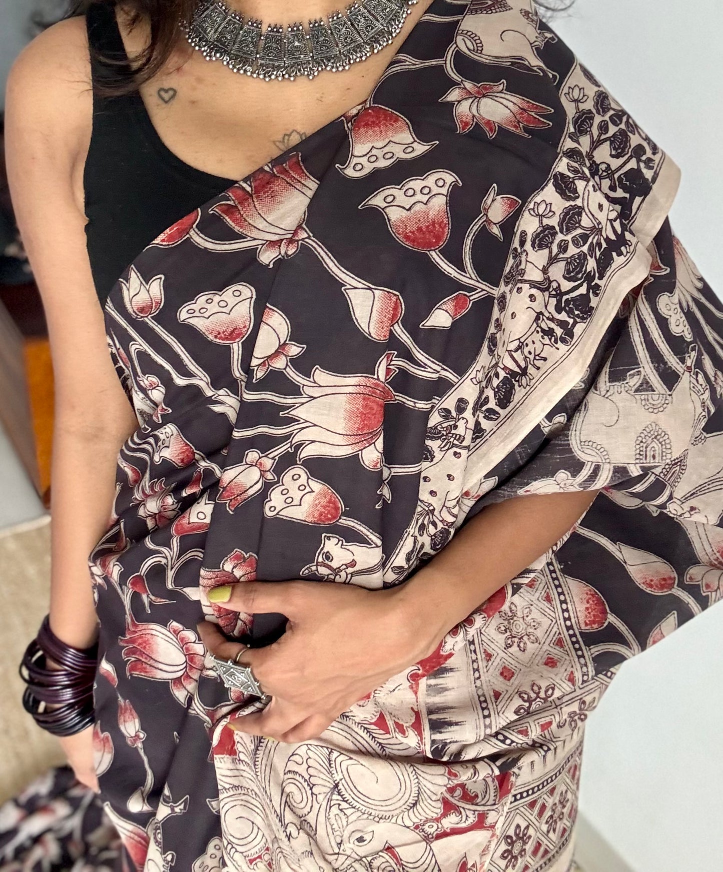 Black with brick red pichwai motif kalamkari, soft cotton - YCWOTDOCMP87