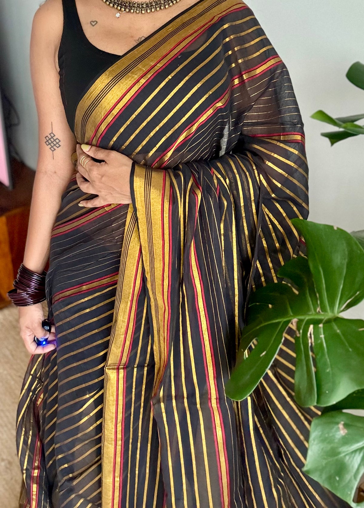 Black mul cotton saree with gold and maroon zari stripes - YCBCMCSE27