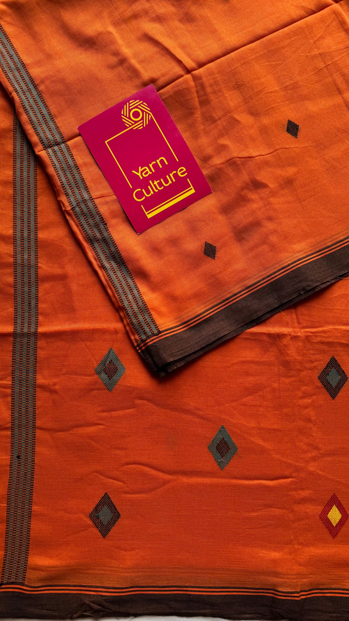 Handloom Bengal soft cotton saree, orange with woven buttas and brown borders - YCBCMCSE36