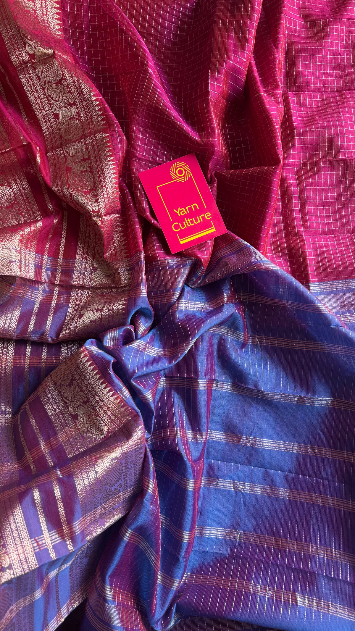 Dark berry pink with blue silver zari checks, silver and gold peacock woven zari border, mangalgiri silk cotton, handwoven, soft, light weight - YCWOTDMSCOC124