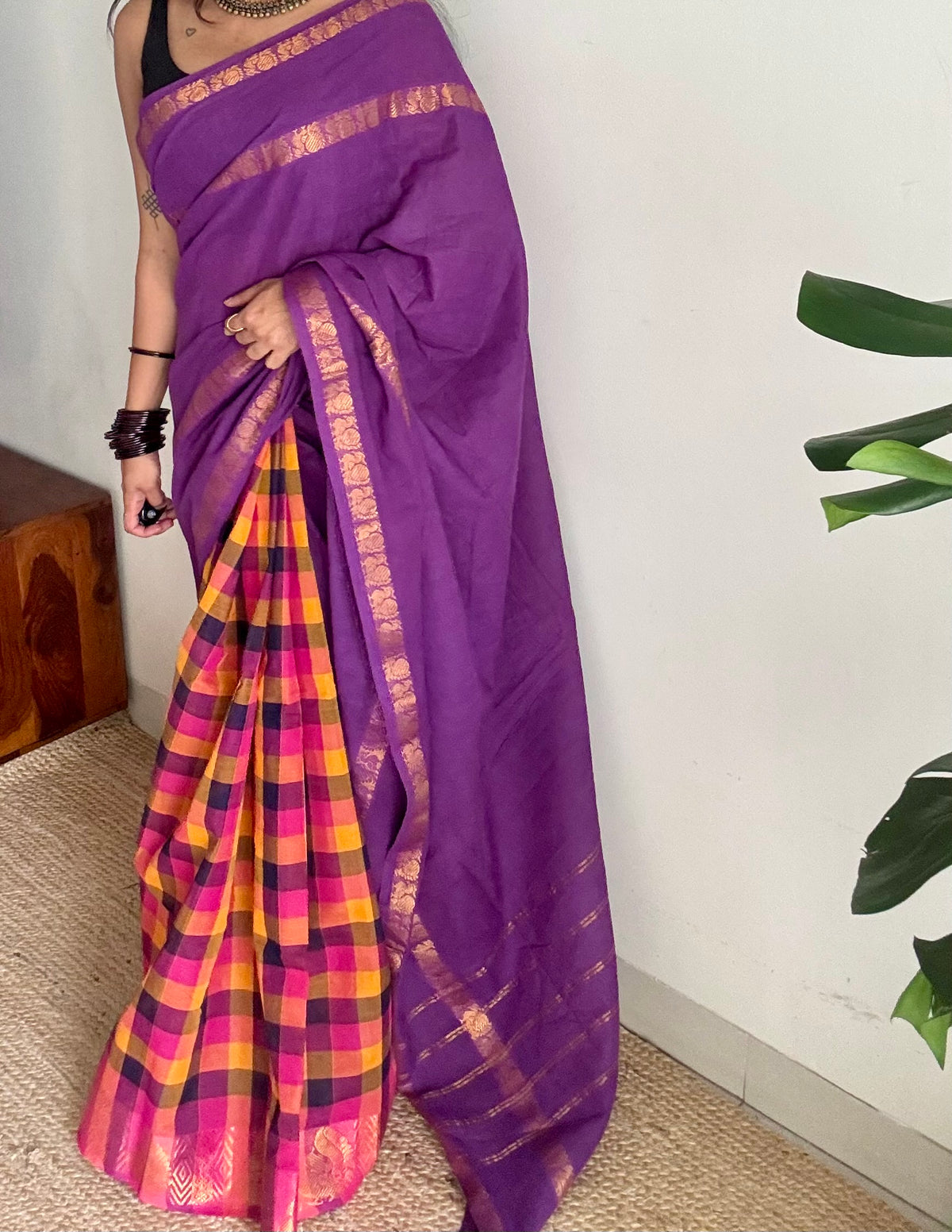 Purple with multicolour checks, sungudi and chettinad cotton half-half saree - YCCOTNIDOC34