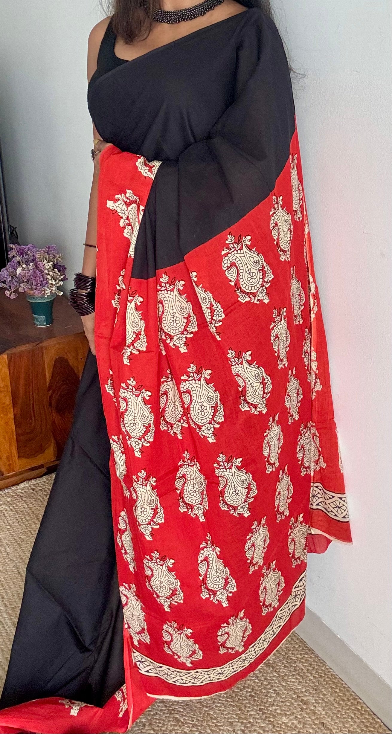 Black with red floral one sided border, soft cotton saree - YCTORCMA05