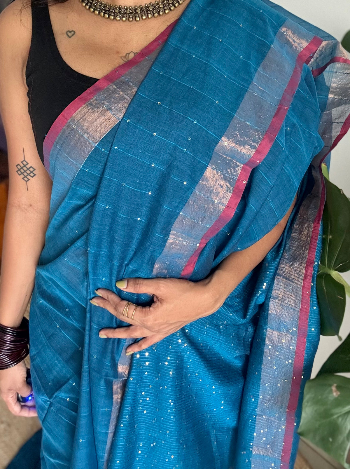Peacock blue mul cotton saree with sequins and zari border - YCBCMCSE31
