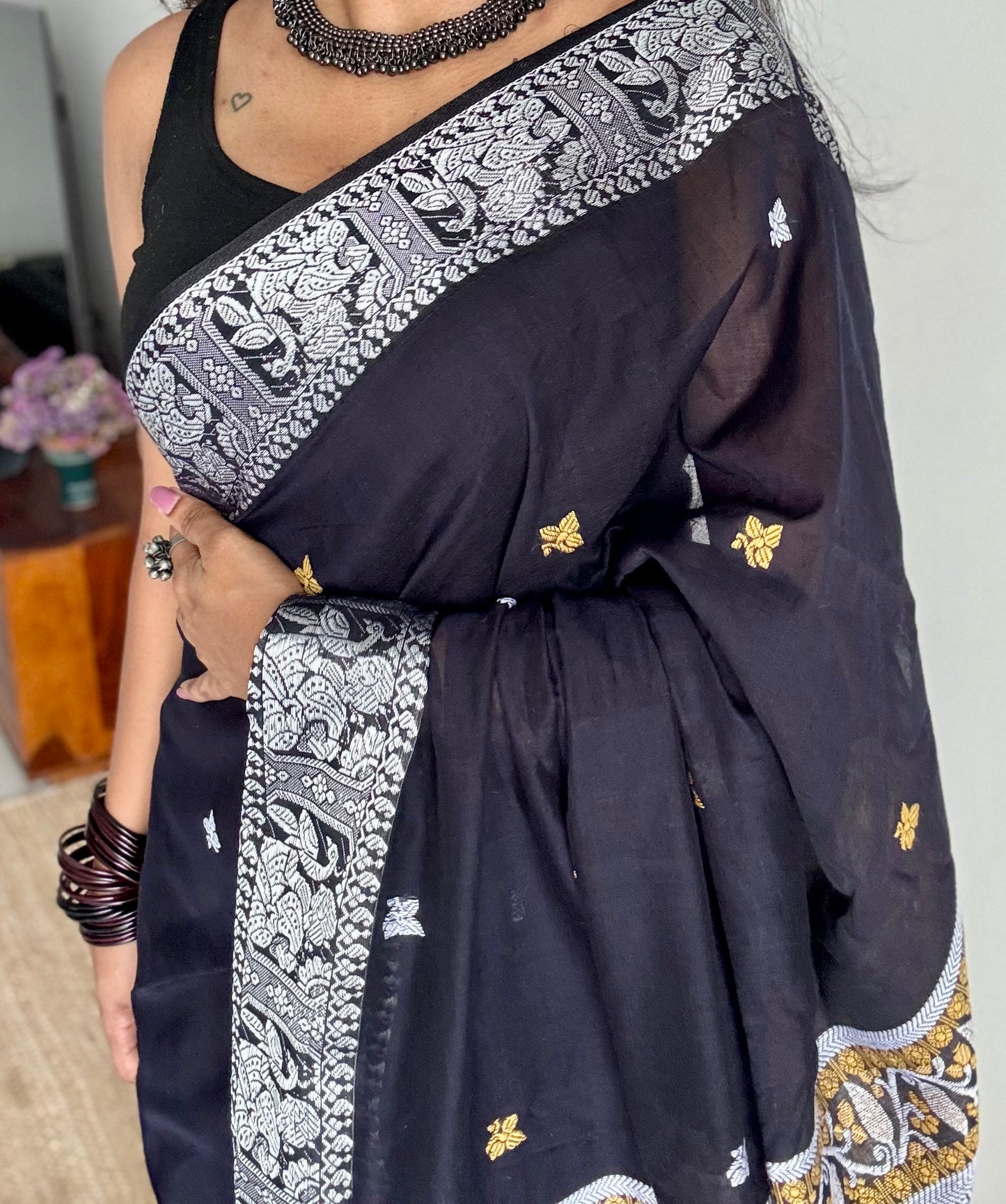 Black with white, Baluchari-inspired soft cotton handwoven saree - YCHOTEBCJA227