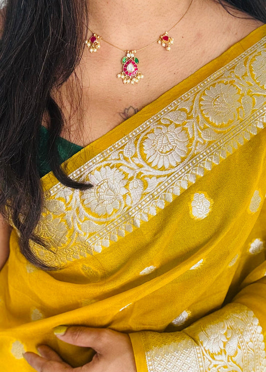 Invisible neckchain with jadau kundan stones & pearl hangings - ruby, green, white - YCGPNP690