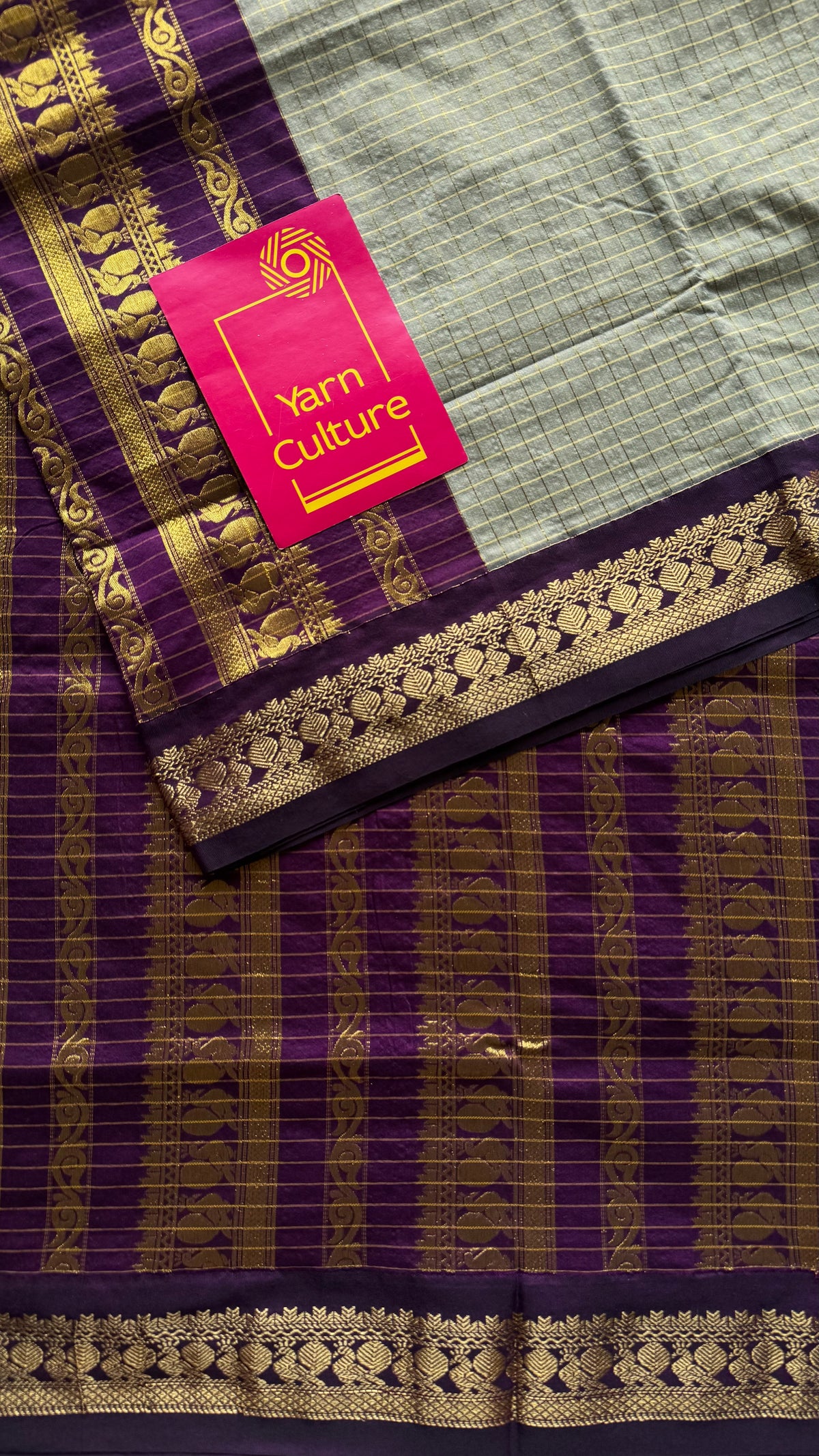 Warm grey with purple, zari checkered saree, cotton silk - YCCOTNKCOC105