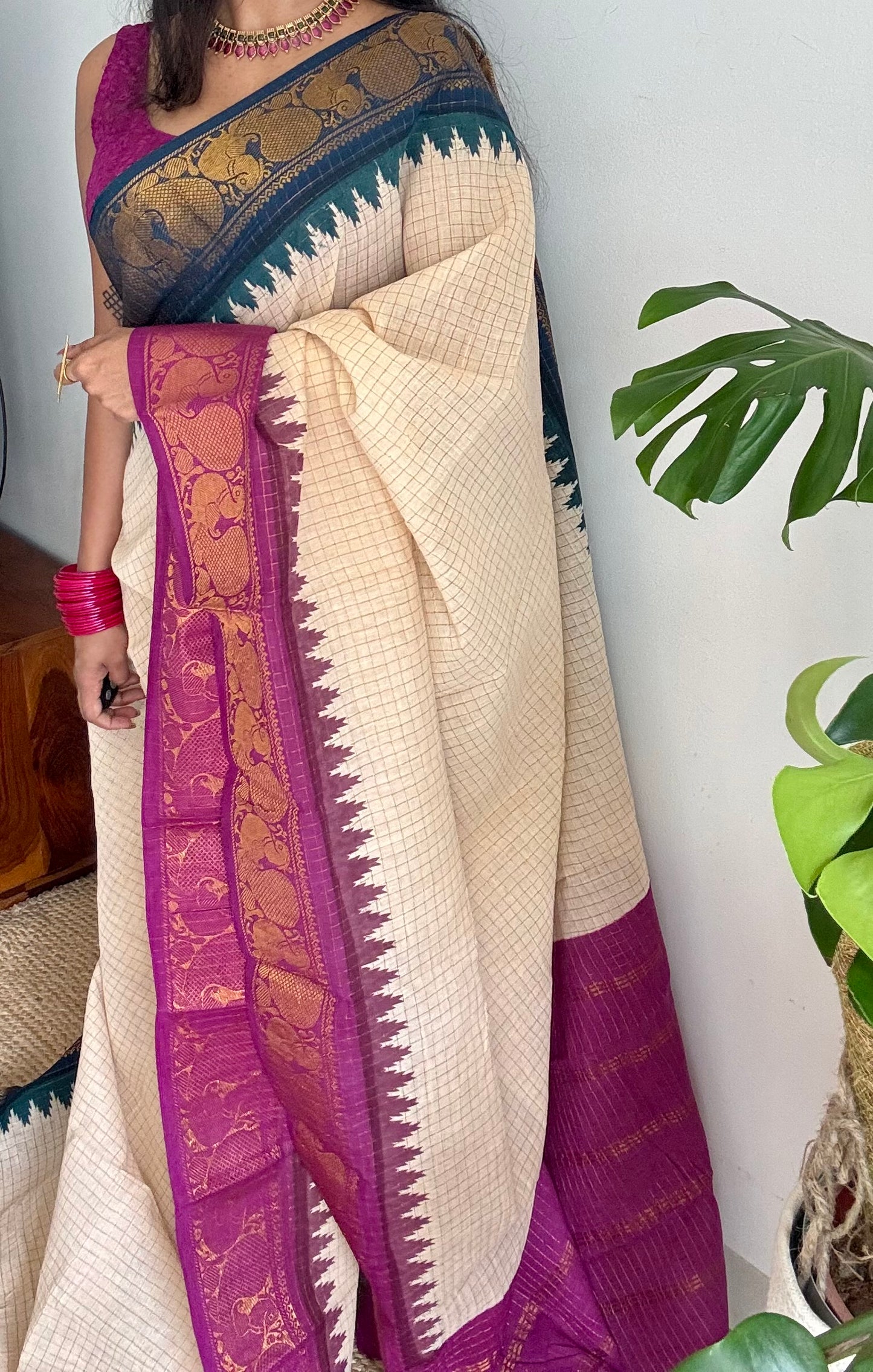 Sungudi cotton checks, ivory gold base, teal and magenta dual tone border, soft cotton - YCIEON100