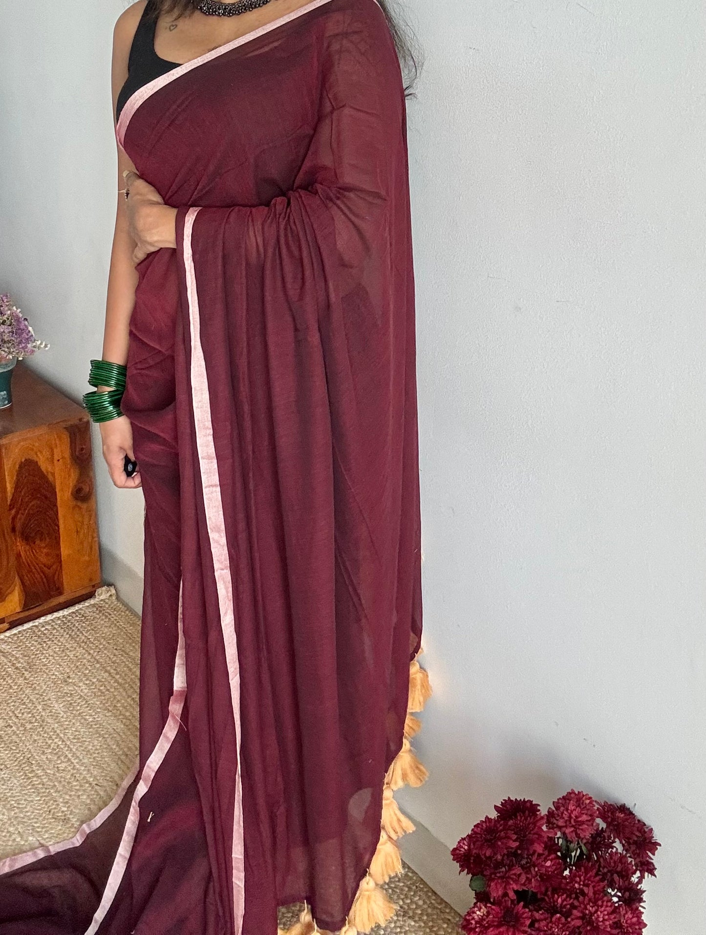 Dark brown with cream border mul cotton saree - YCBCMCFE231