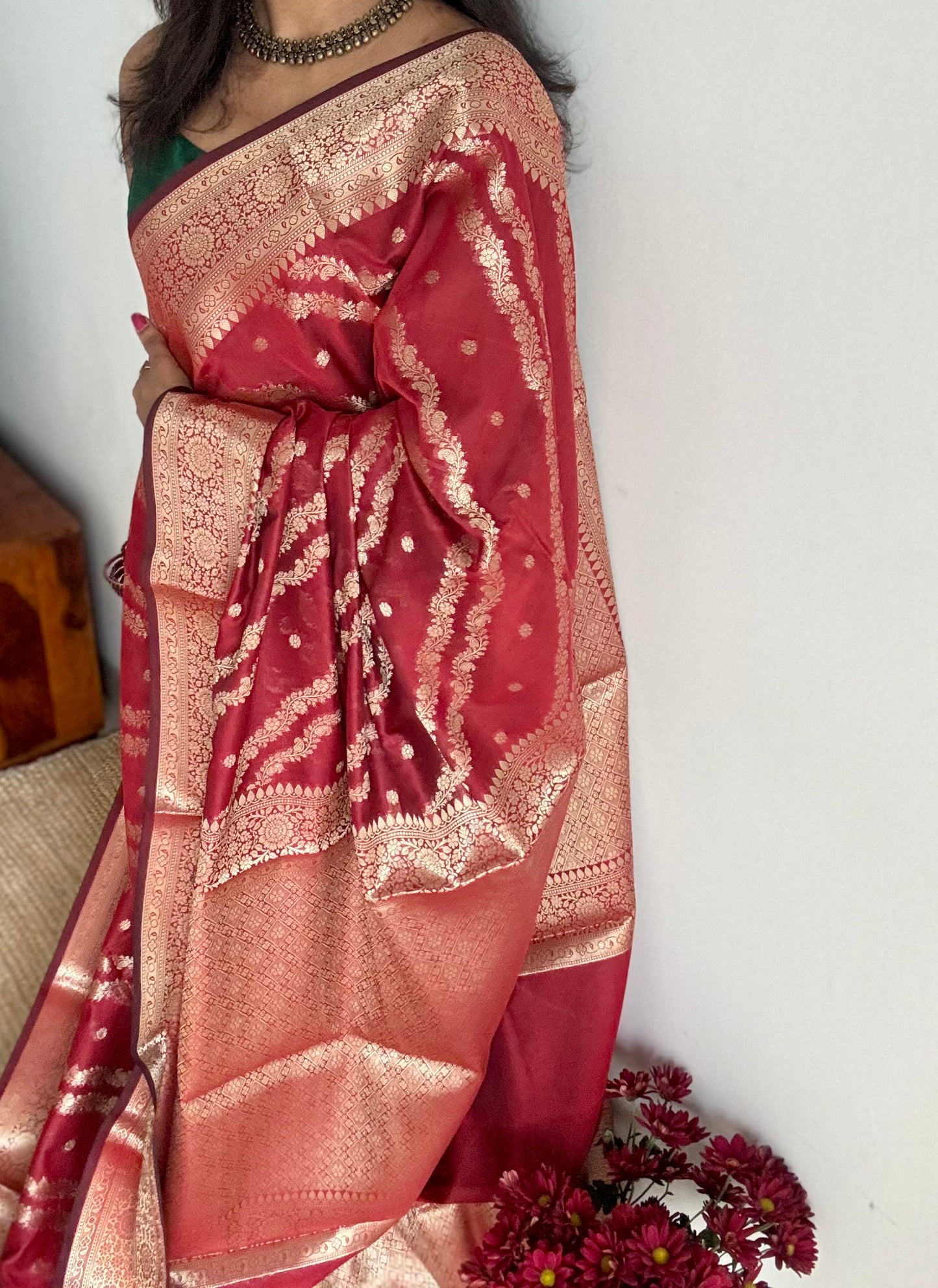Maroon floral zari, Banarasi semi-georgette - YCDESE13