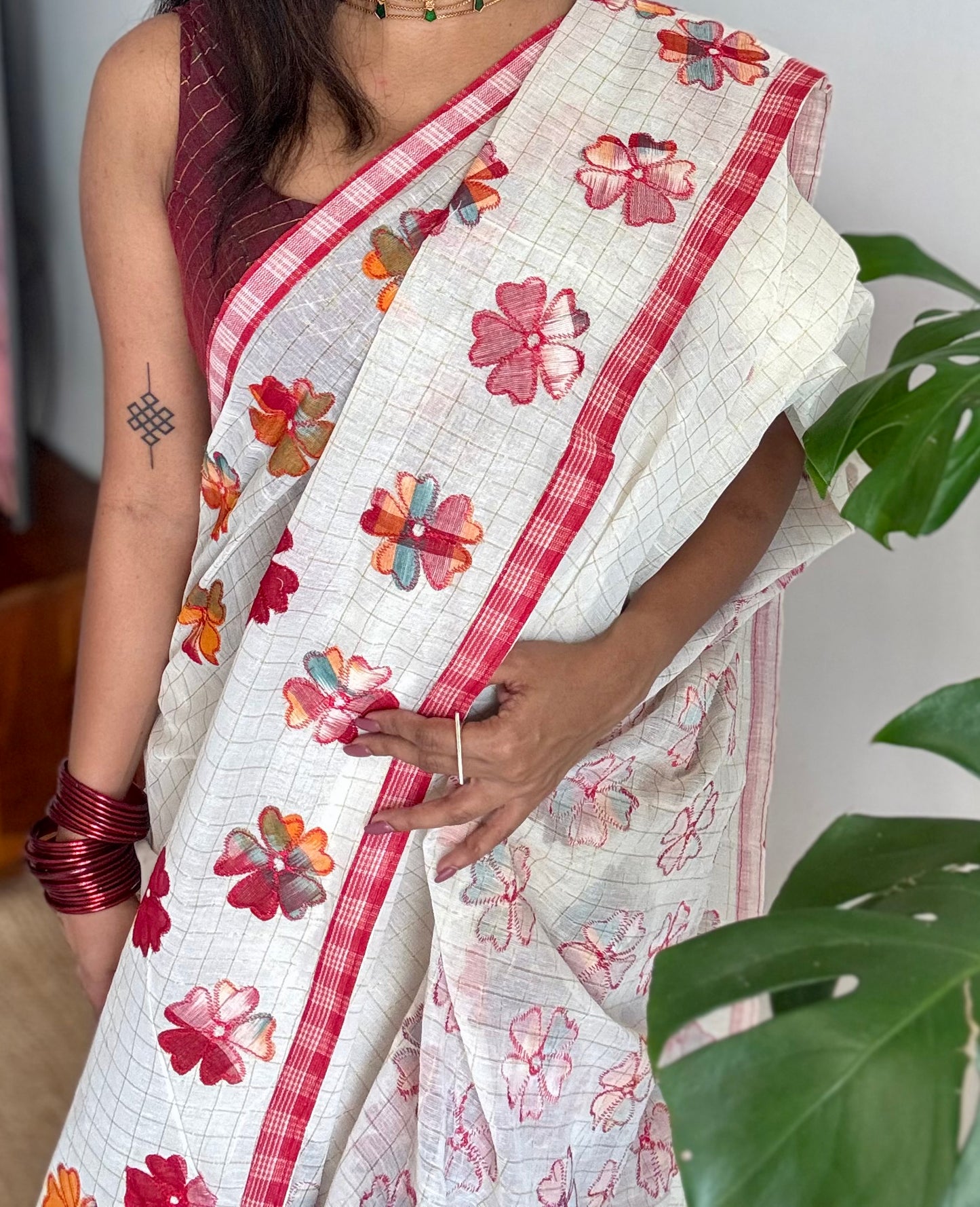 Ivory soft kota saree, with applique floral work - YCIEON88