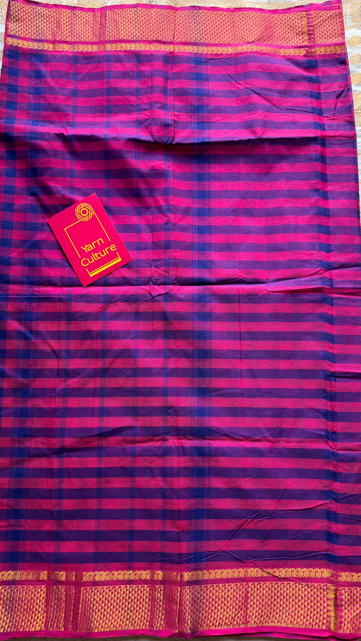 Chettinad cotton saree with purple pink and blue checks, zari motif border - YCCOTNCKSE45