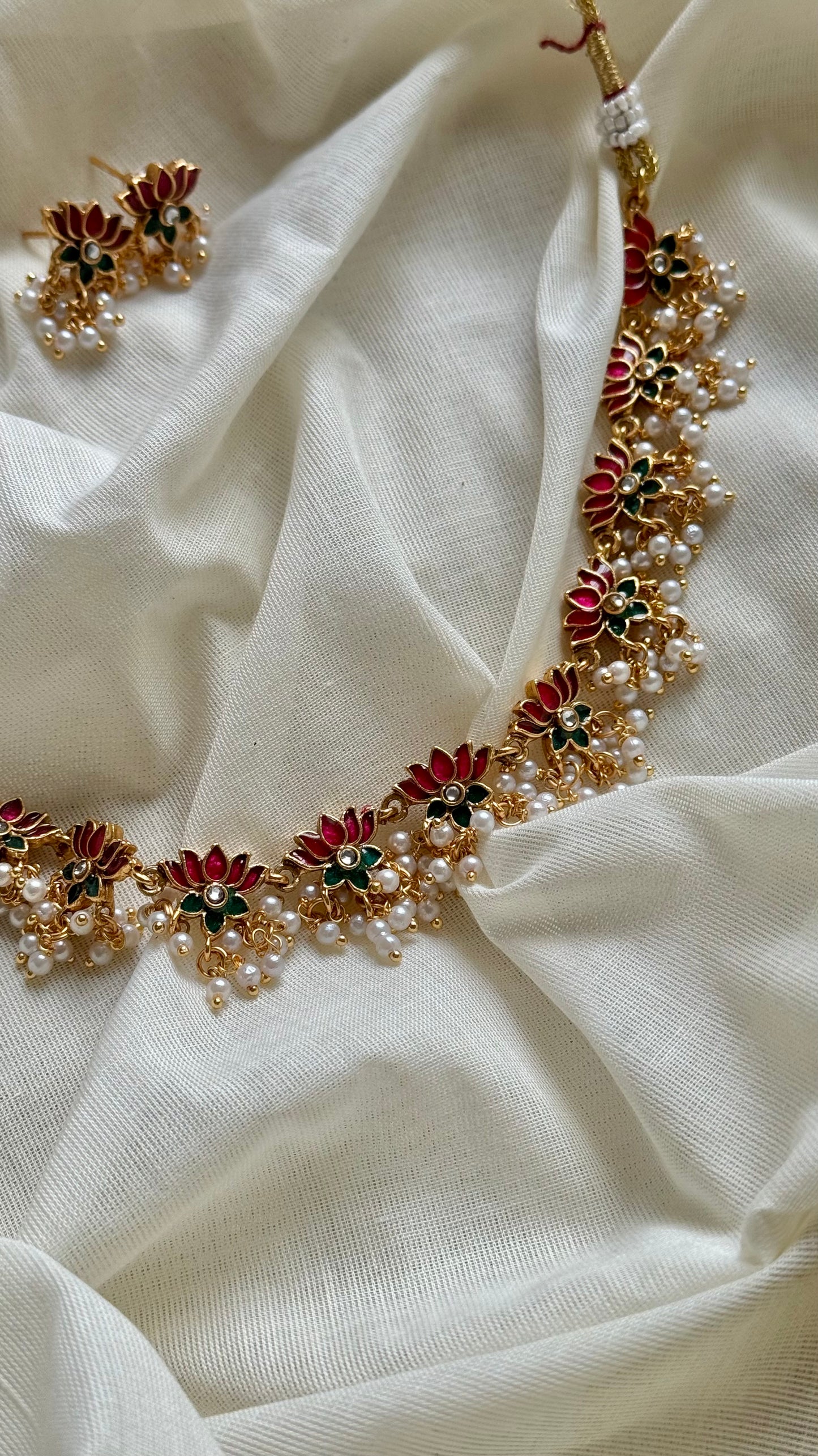 Pink and green lotus with pearl drops and earrings - YCAGC113