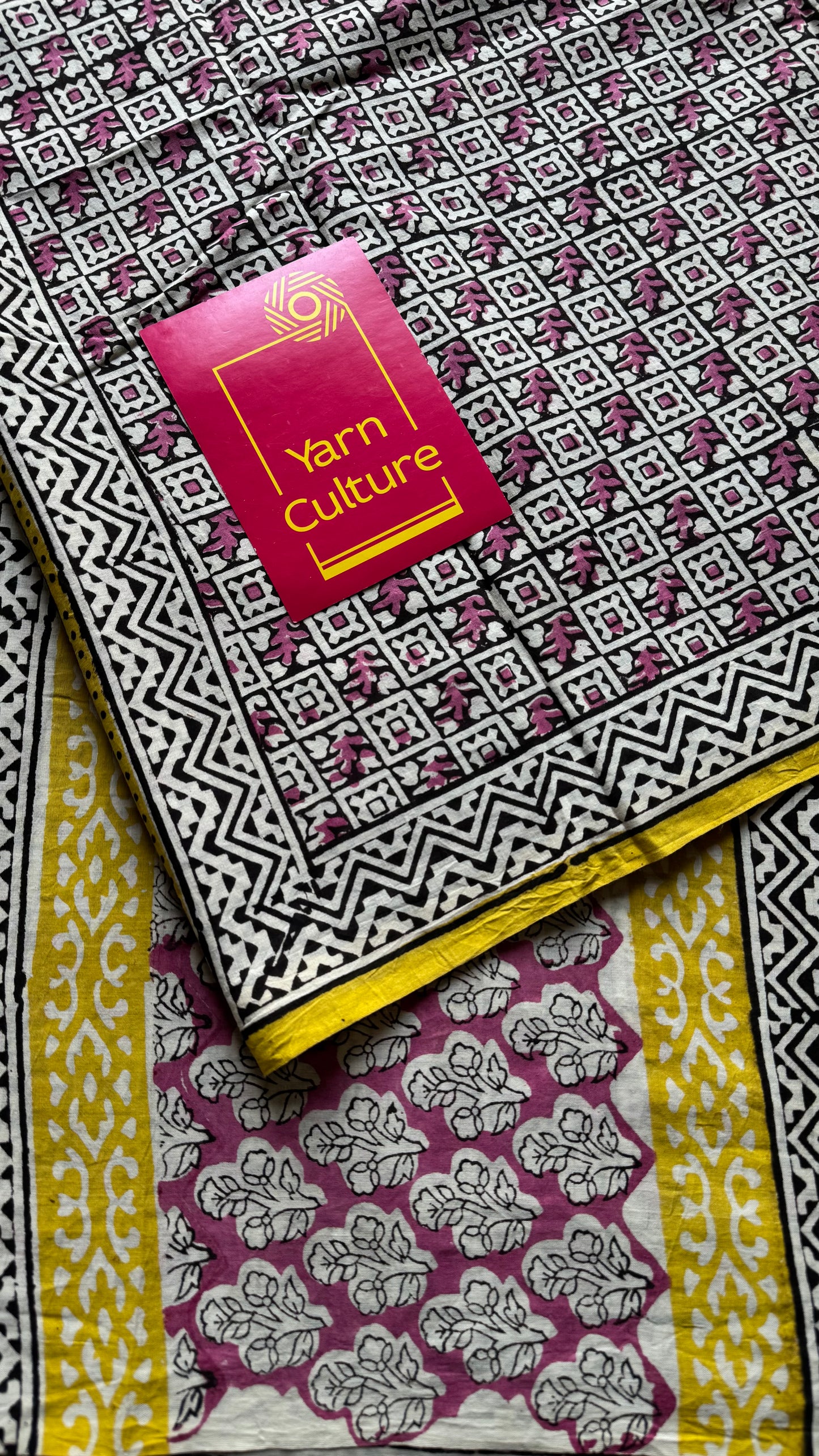 Beige with black and dusty pink checks, yellow border, block printed soft cotton saree - YCTORCMA13