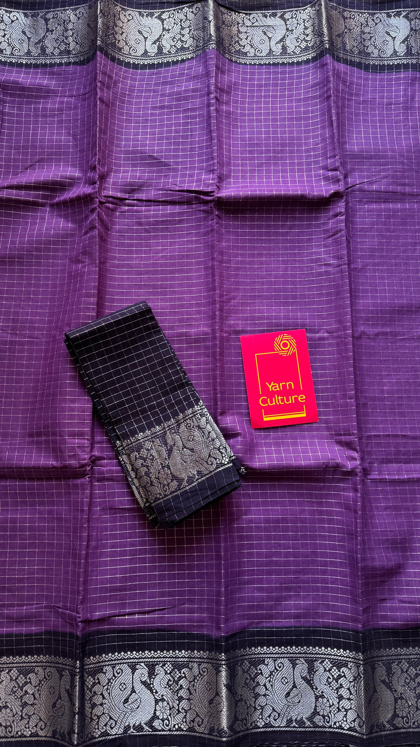 Purple with dark blue, silver zari checkered sungudi, kattuchayam dyed madurai cotton - YCCOTNMSAP105