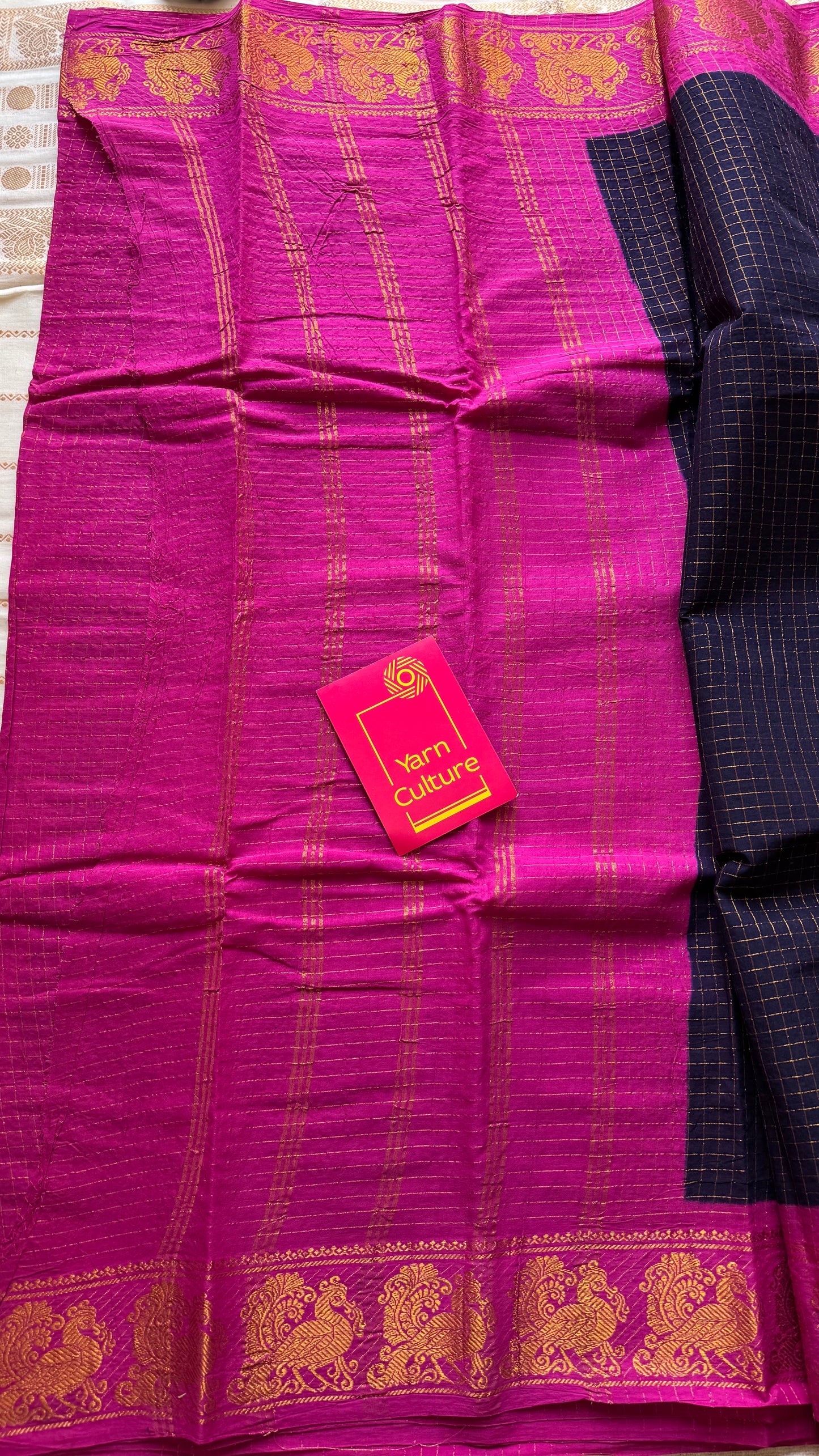 Dark blue with hot pink contrast zari checkered sungudi, kattuchayam dyed madurai cotton - YCCOTNMSAP194