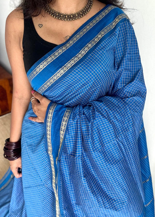 Peacock blue, arani checks, cotton silk - YCCOTNJUAR13