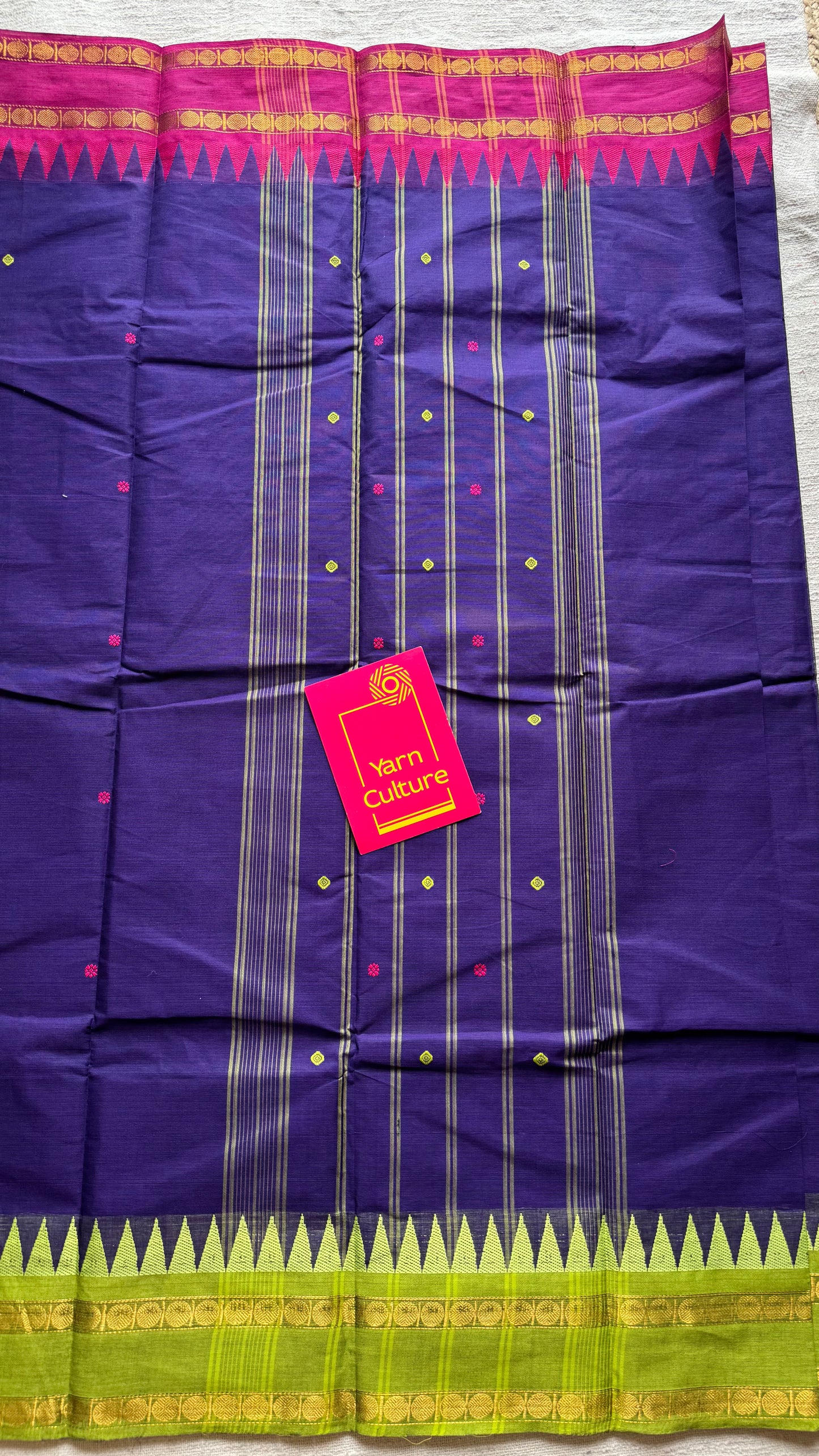 Kanchi cotton saree, royal blue with magenta and lime green dual border - YCCOTNAP97
