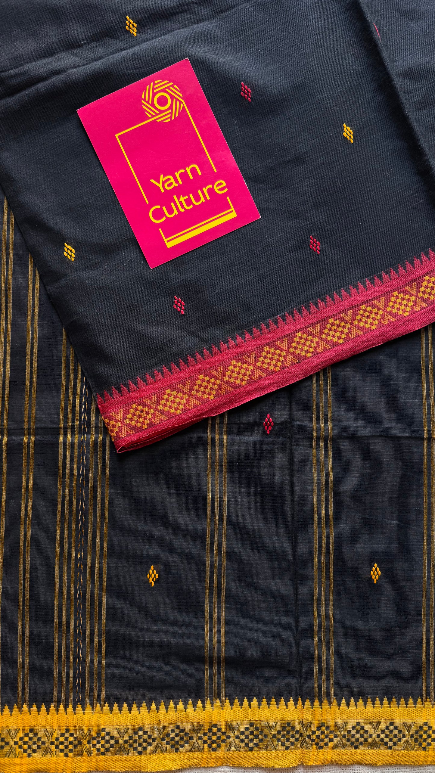 Dhonekhali handloom soft cotton saree, black with red and yellow woven buttas and border - YCBCDFE259