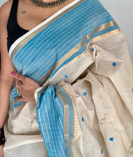 Ivory and blue contrast, Chettinad cotton saree with checkered border - YCCOTNMA272