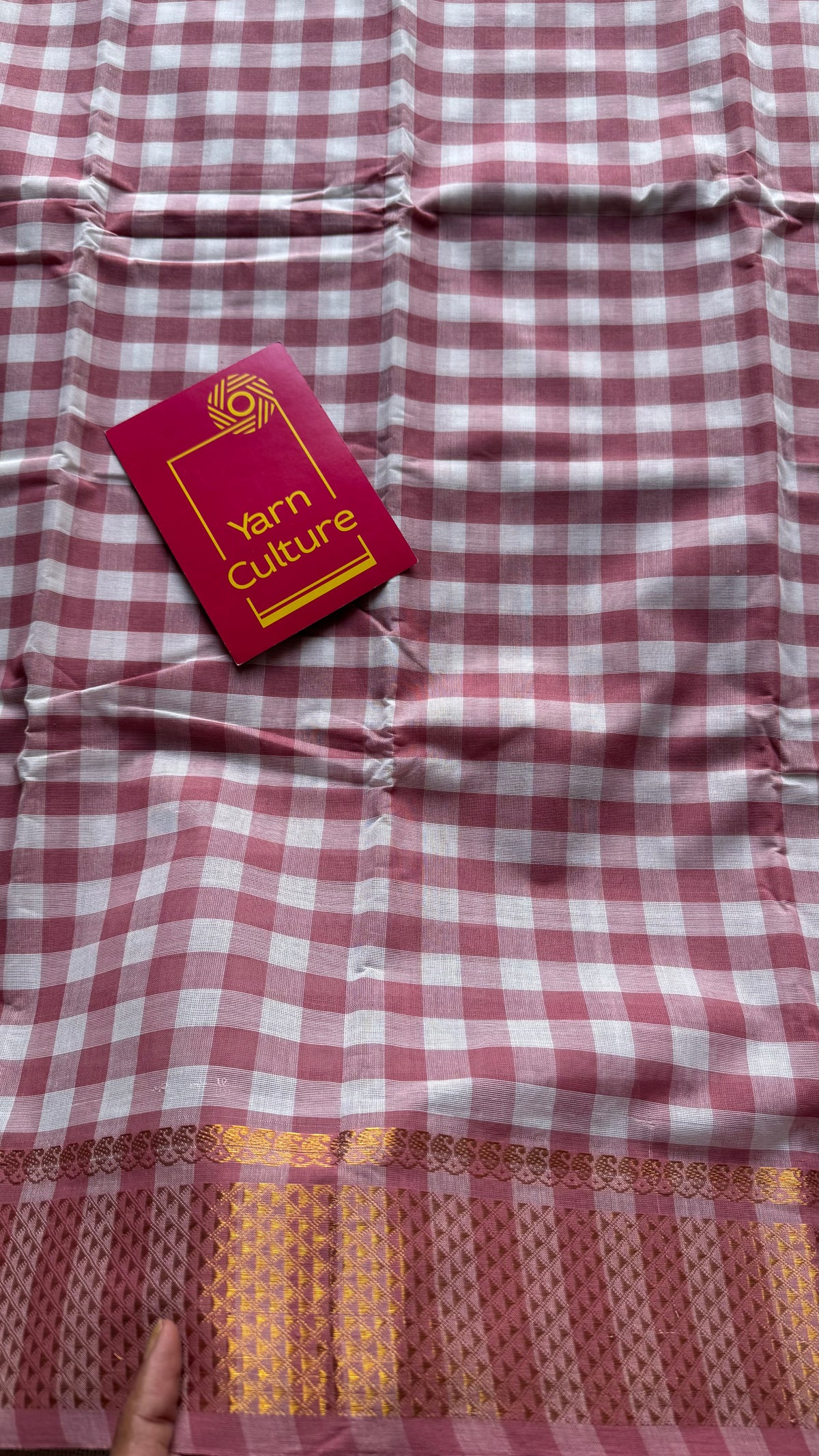 Chettinad cotton saree with mauve pink and white checks, zari motif border - YCCOTNCKSE46