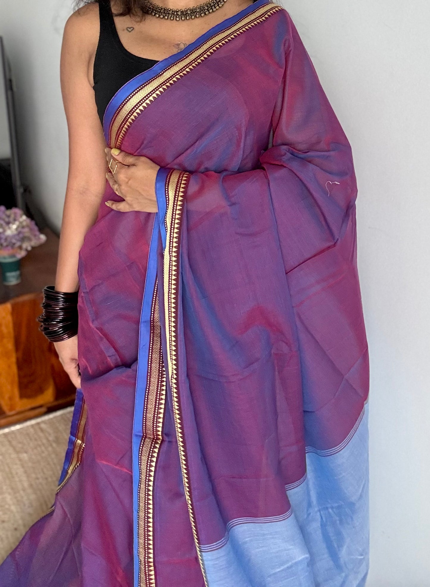 Purple pink with blue border narayanpet saree, soft cotton - YCWOTDNPFE28