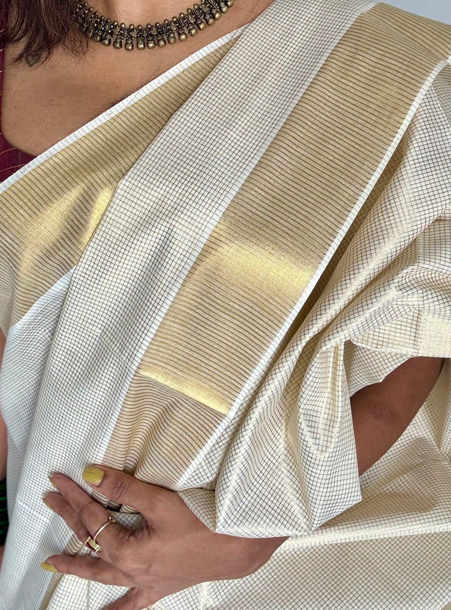 Ivory Kerala tissue cotton saree with gold microchecks - YCIEKCFE317