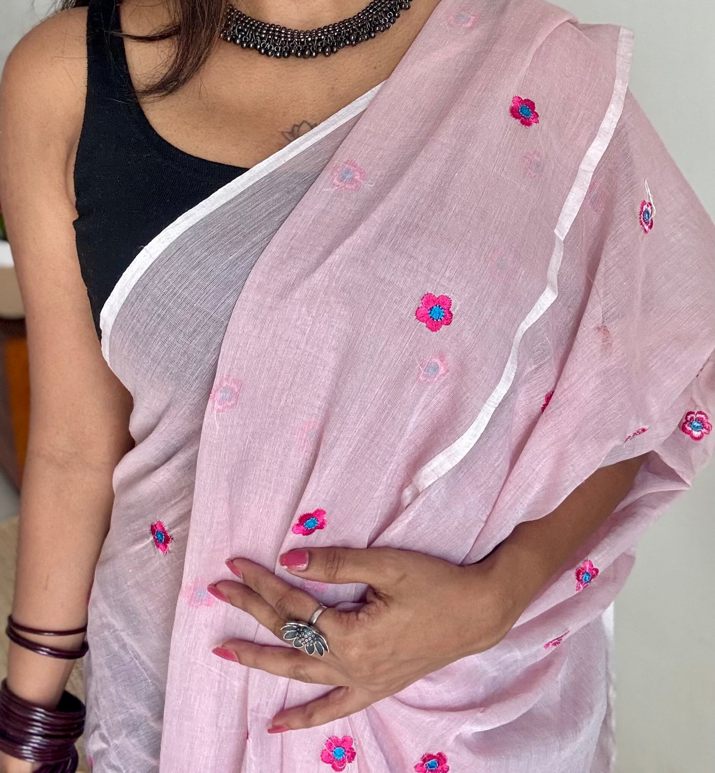 Pink floral embroidered mul cotton saree  - YCBCMCAP45