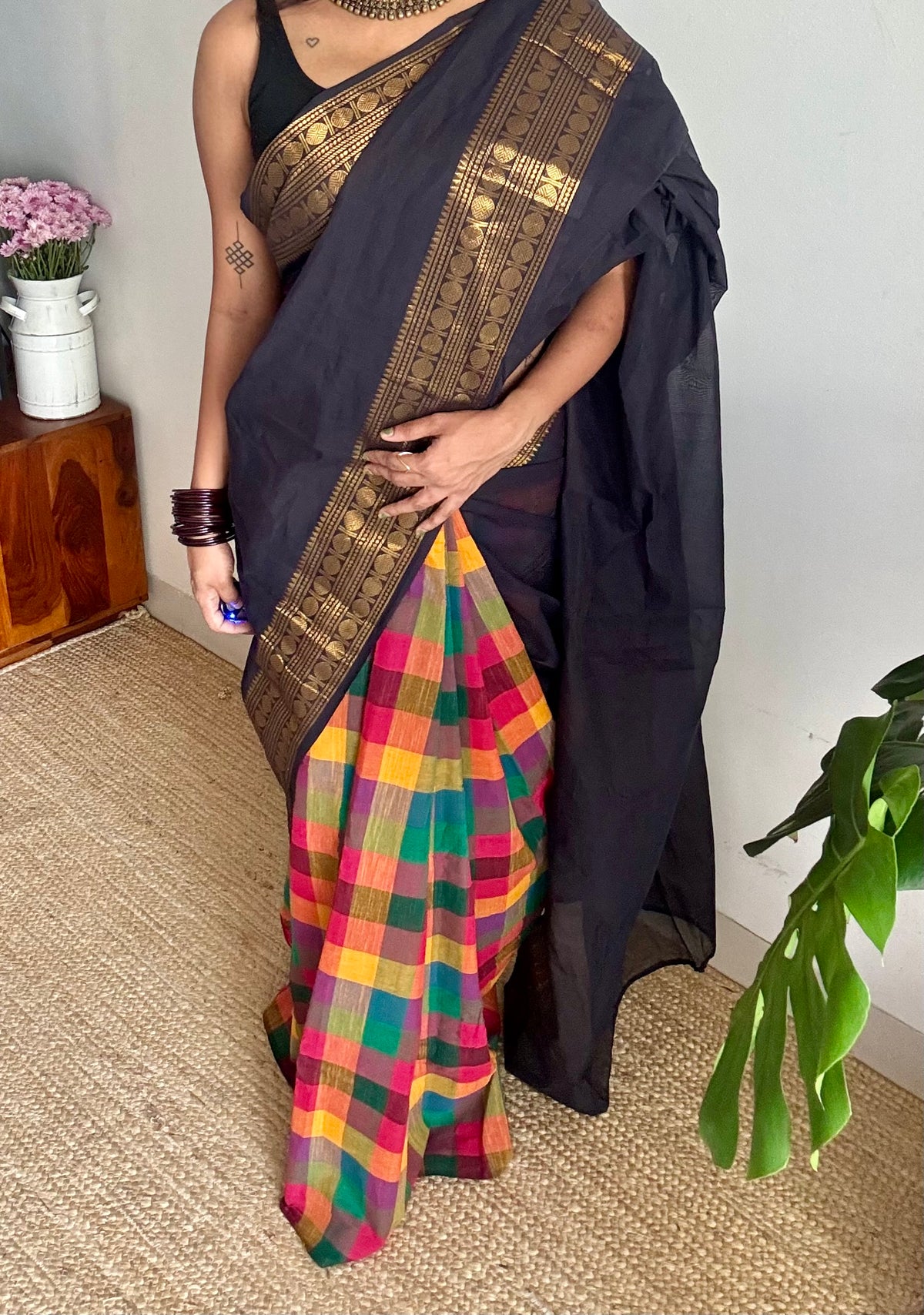Black chettinad with multicoloured madras checks, cotton half and half saree - YCCOTNIDOC166