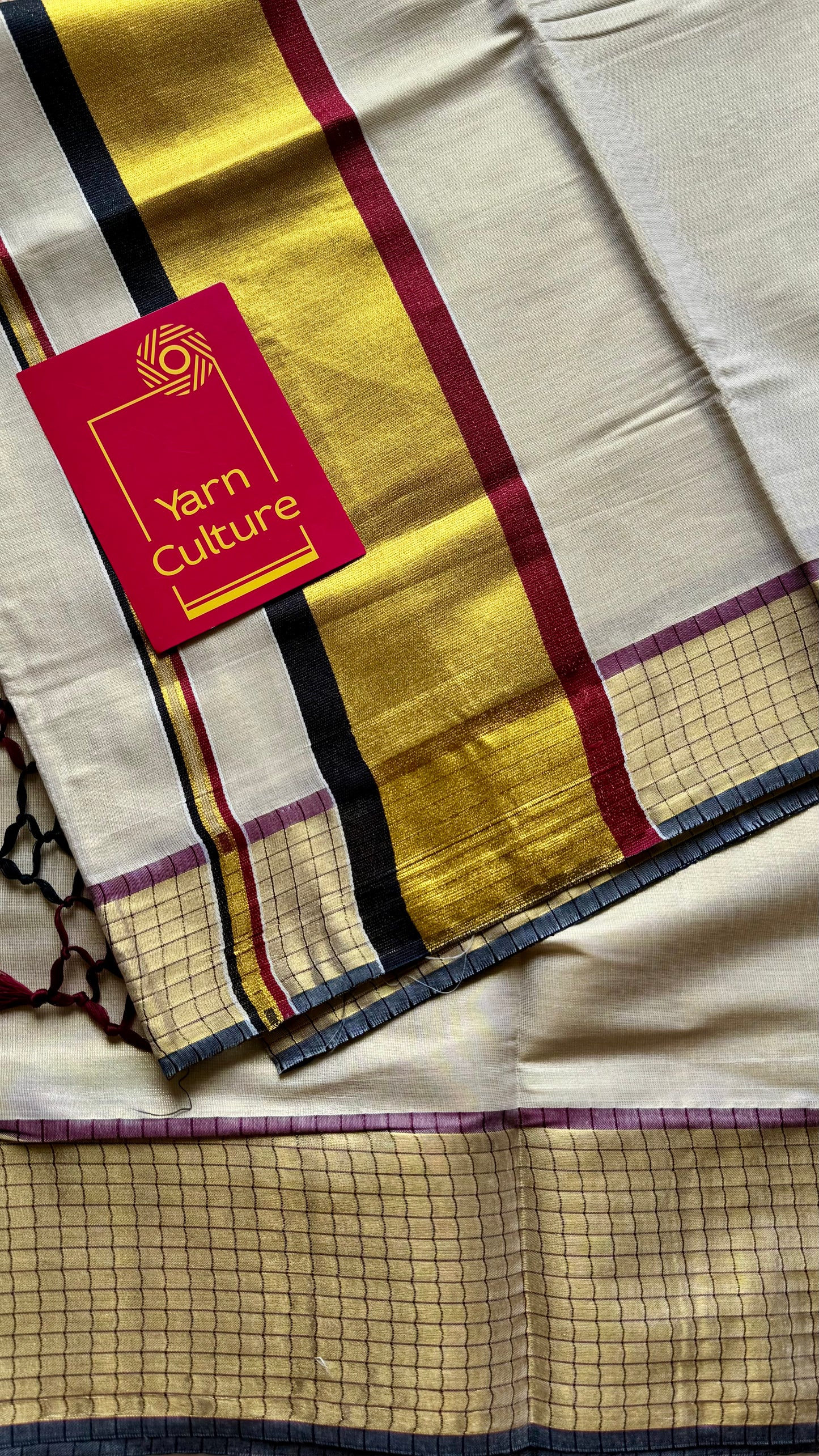 Ivory and gold soft tissue cotton saree, black and red, checkered border - YCIEON78