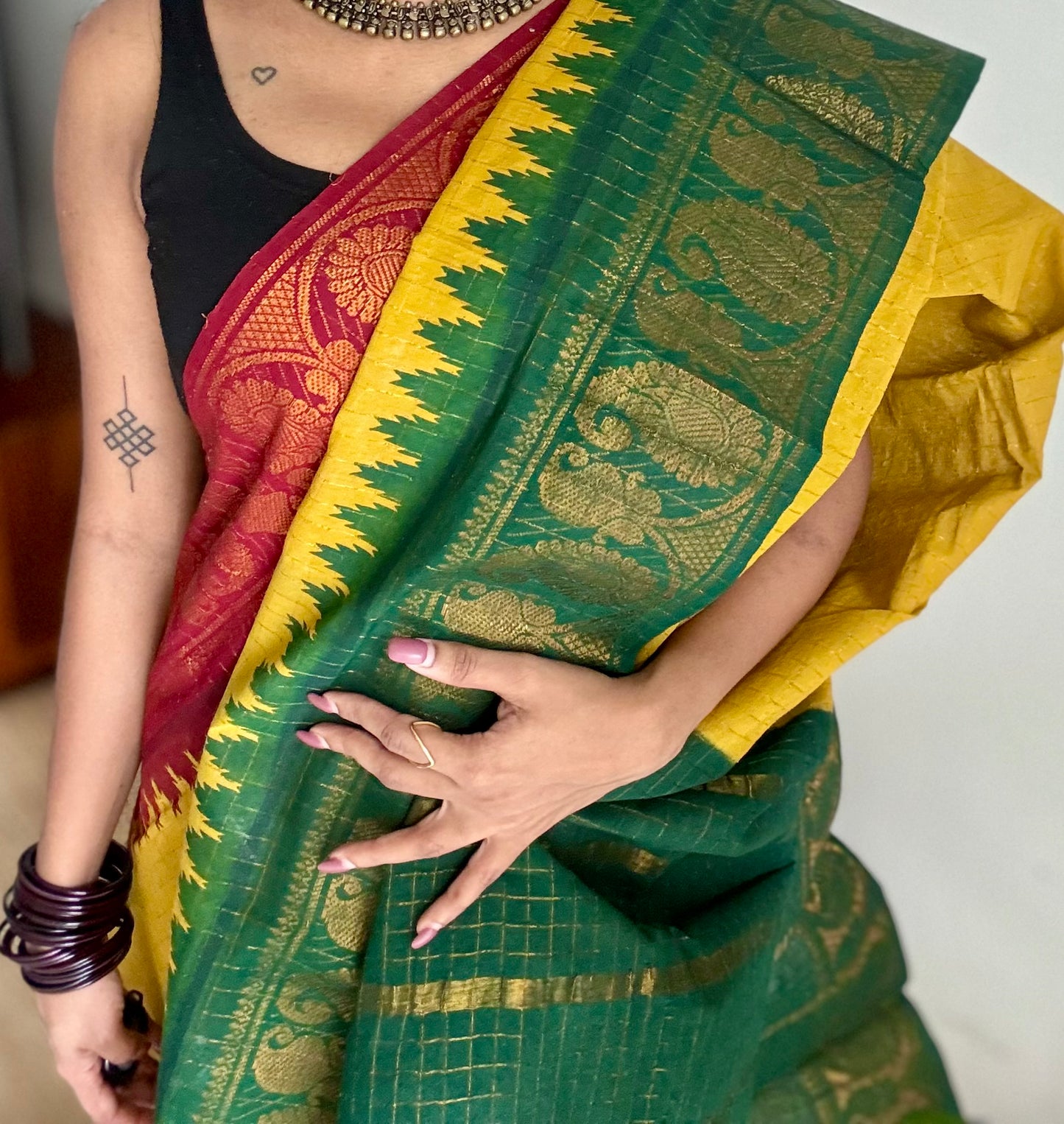 Sungudi cotton checks, mustard yellow base, maroon and dark green dual tone border, soft cotton - YCCOTNMSJUL11