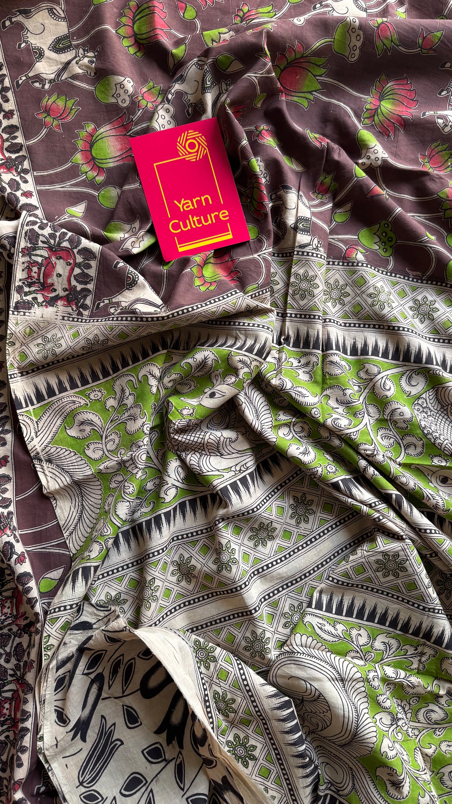 Brown kalamkari saree, multicoloured floral vines, soft cotton - YCWOTDMA344