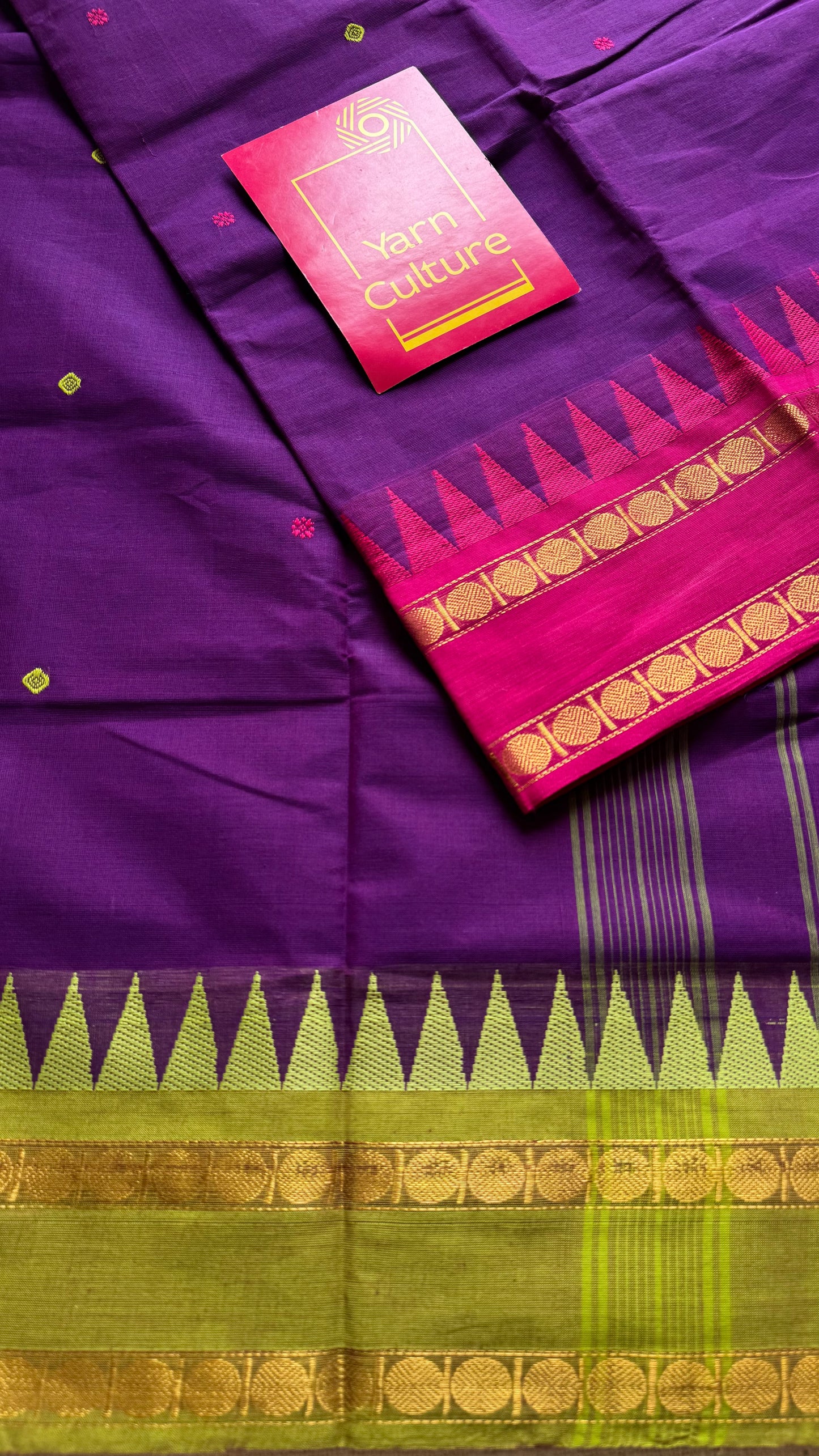 Kanchi cotton saree, purple with hot pink and lime green dual border - YCCOTNAP98