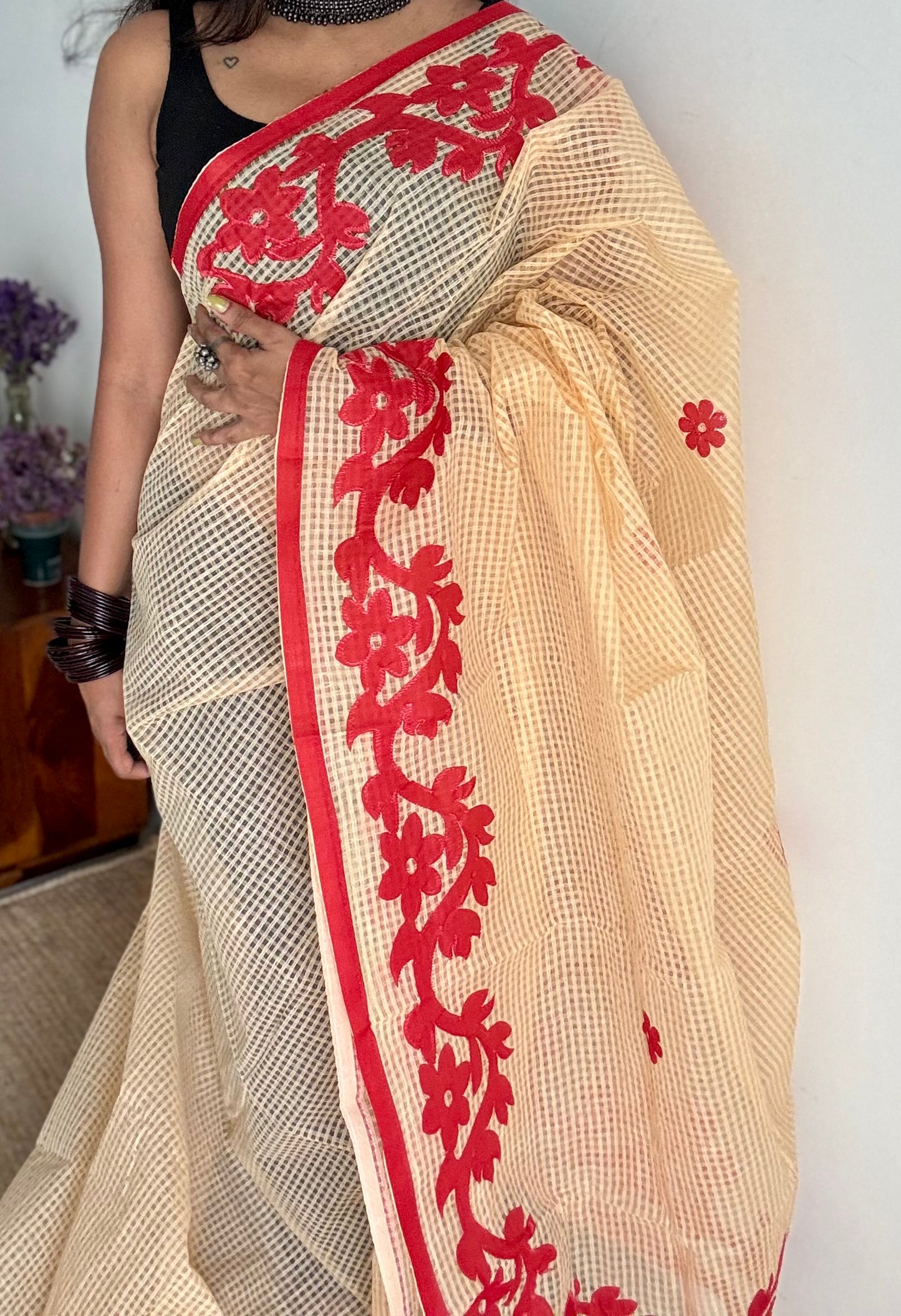 Rabdi Rose - cream kota saree with red floral cut work - YCTORKDAP14