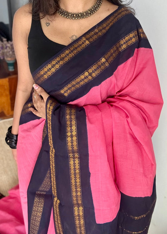 Pink with dark blue, small rudraksham motif border, soft cotton - YCCOTNJSUN08
