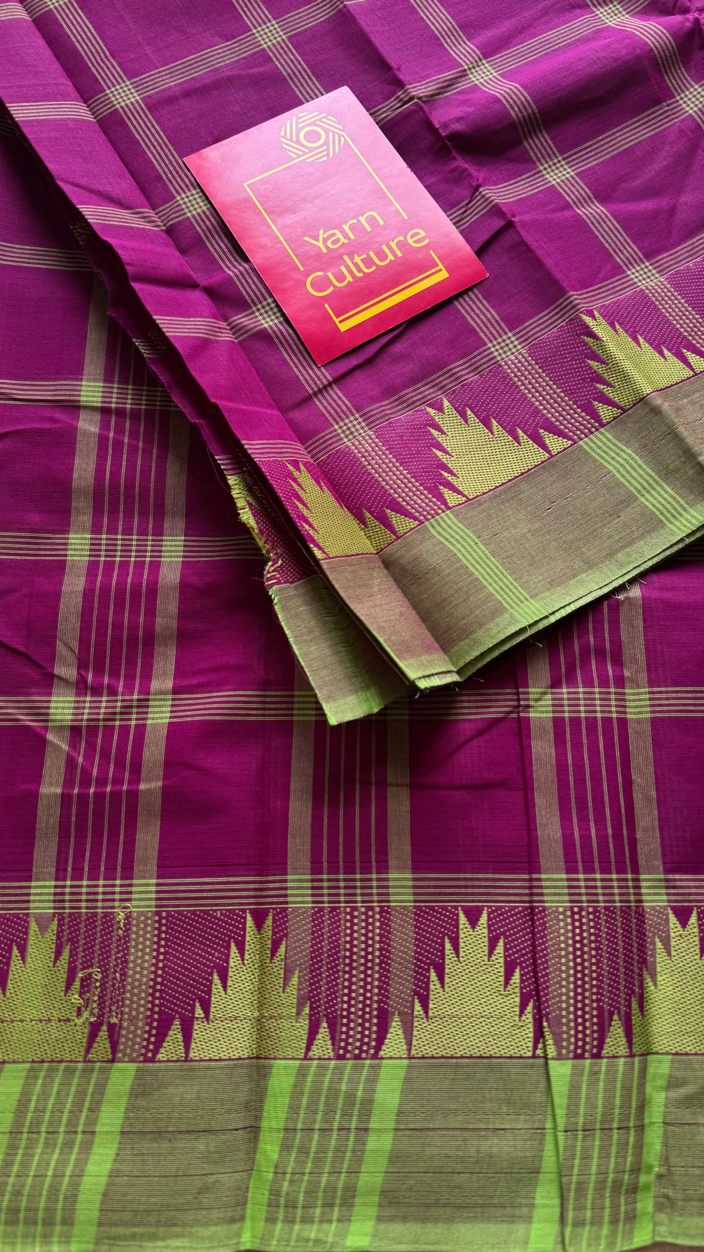Chettinad cotton saree with magenta and lime green checks, temple motif border - YCCOTNAP69