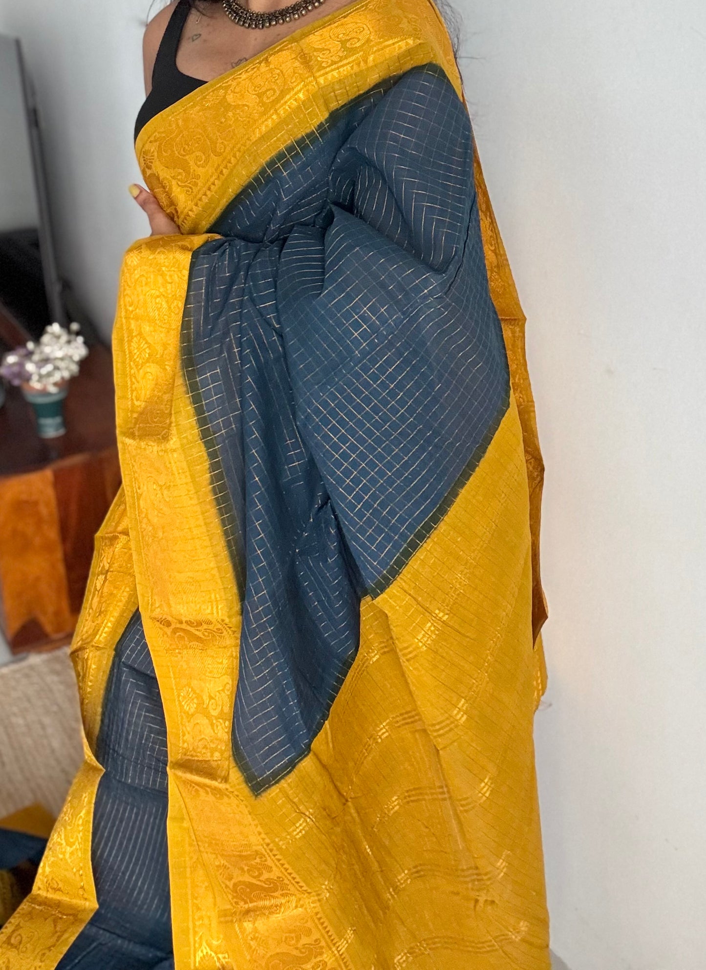 Dark teal with turmeric yellow, checkered with zari border, sungudi cotton - YCCOTNSUDE48