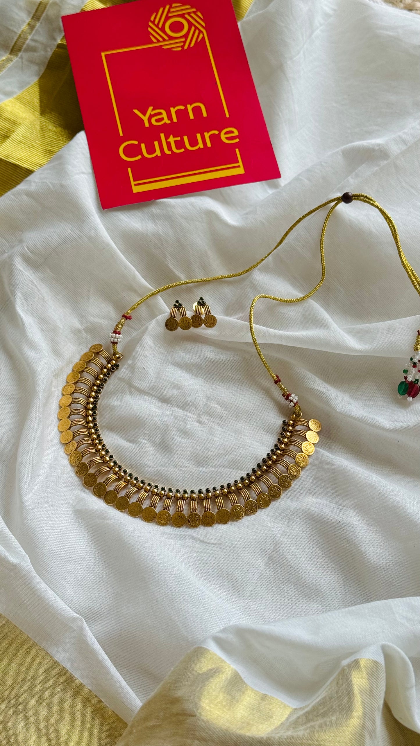 Coin neckpiece with green stones, with earrings - YCGPNP739