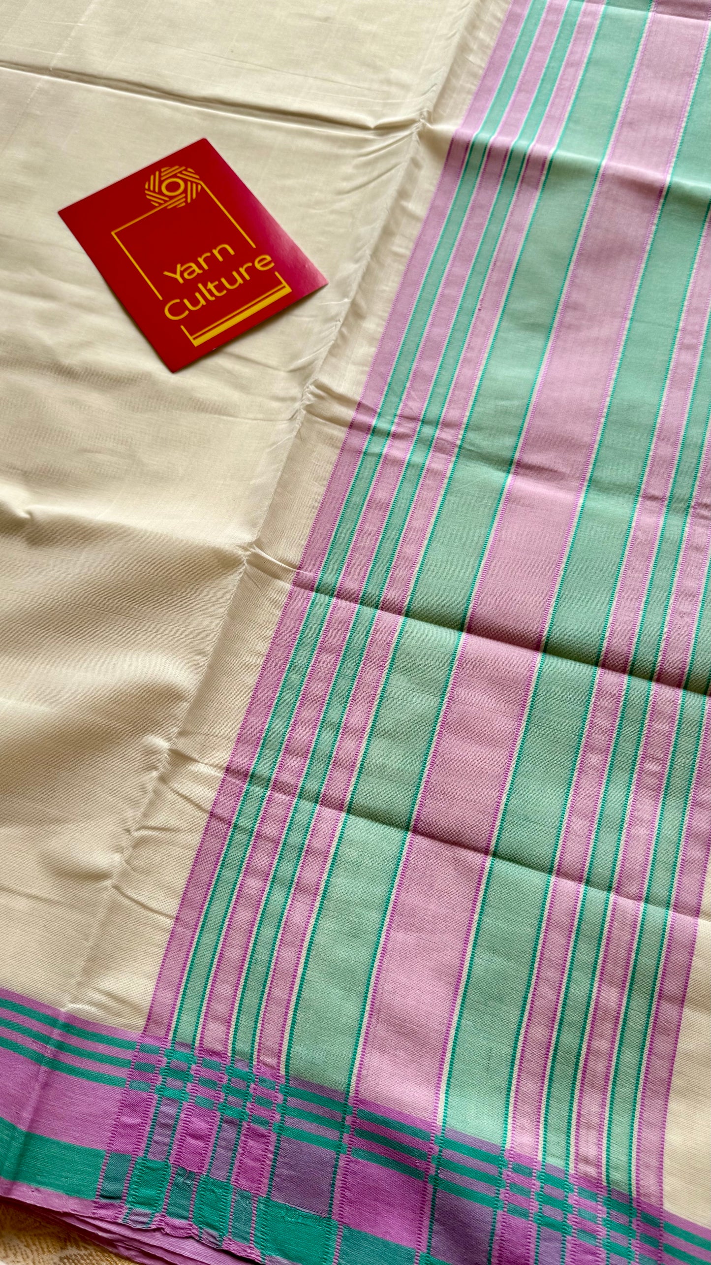 Handloom, woven in Chendamangalam Looms, ivory with pink and green stripes, soft cotton saree - YCIEON149