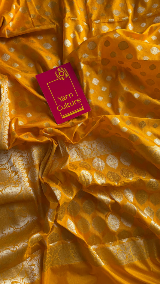 Orangish dark yellow, silver buttas and zari, Banarasi semi-silk - YCDESE35