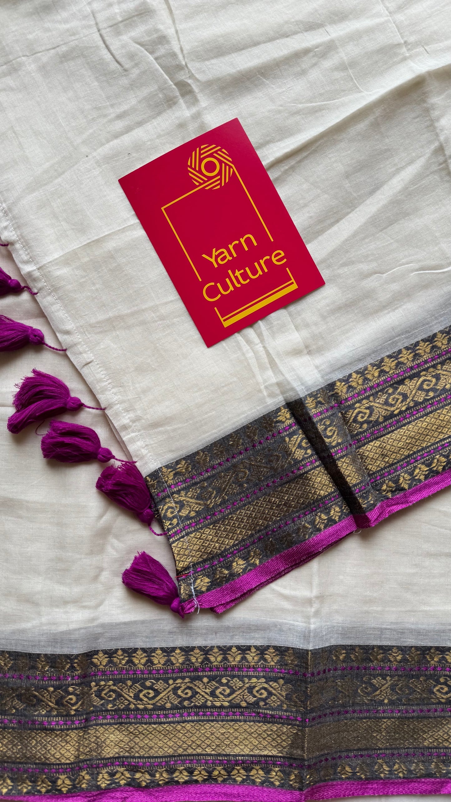 Ivory mul saree, purple pink and antique gold kanchi border - YCIEON30