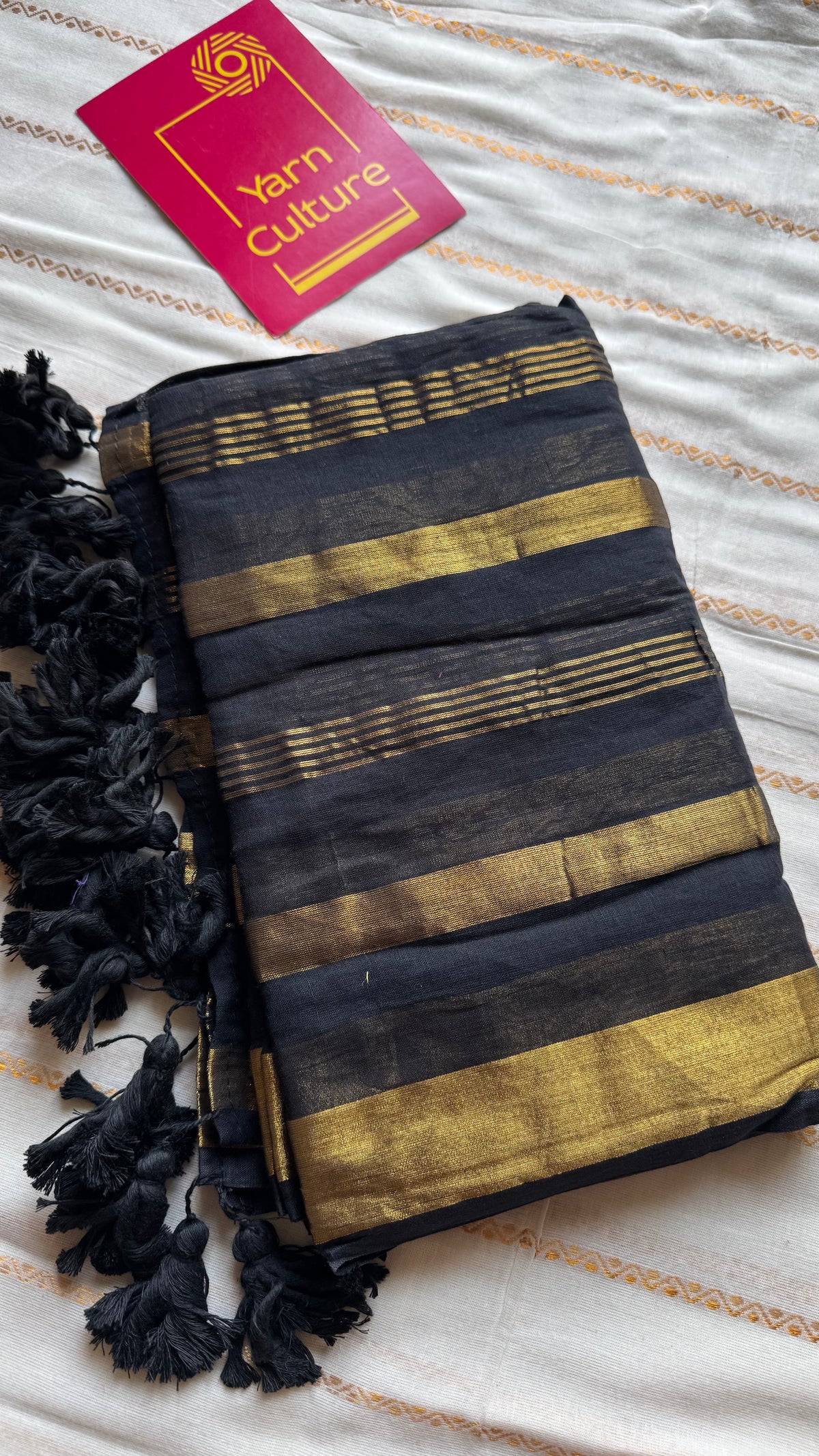 Black mul cotton saree with zari stripes - YCBCMCSE26