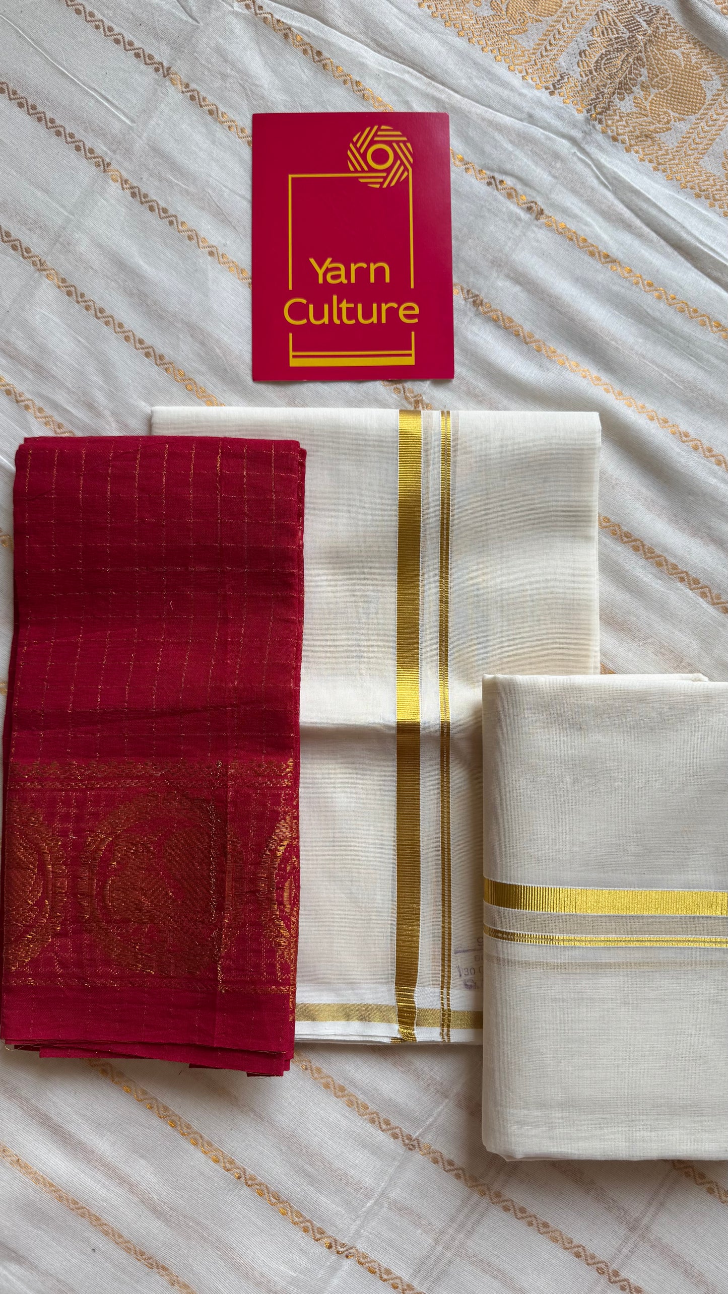 Set mund, handwoven from Chendamangalam looms, ivory and gold - YCIEON146