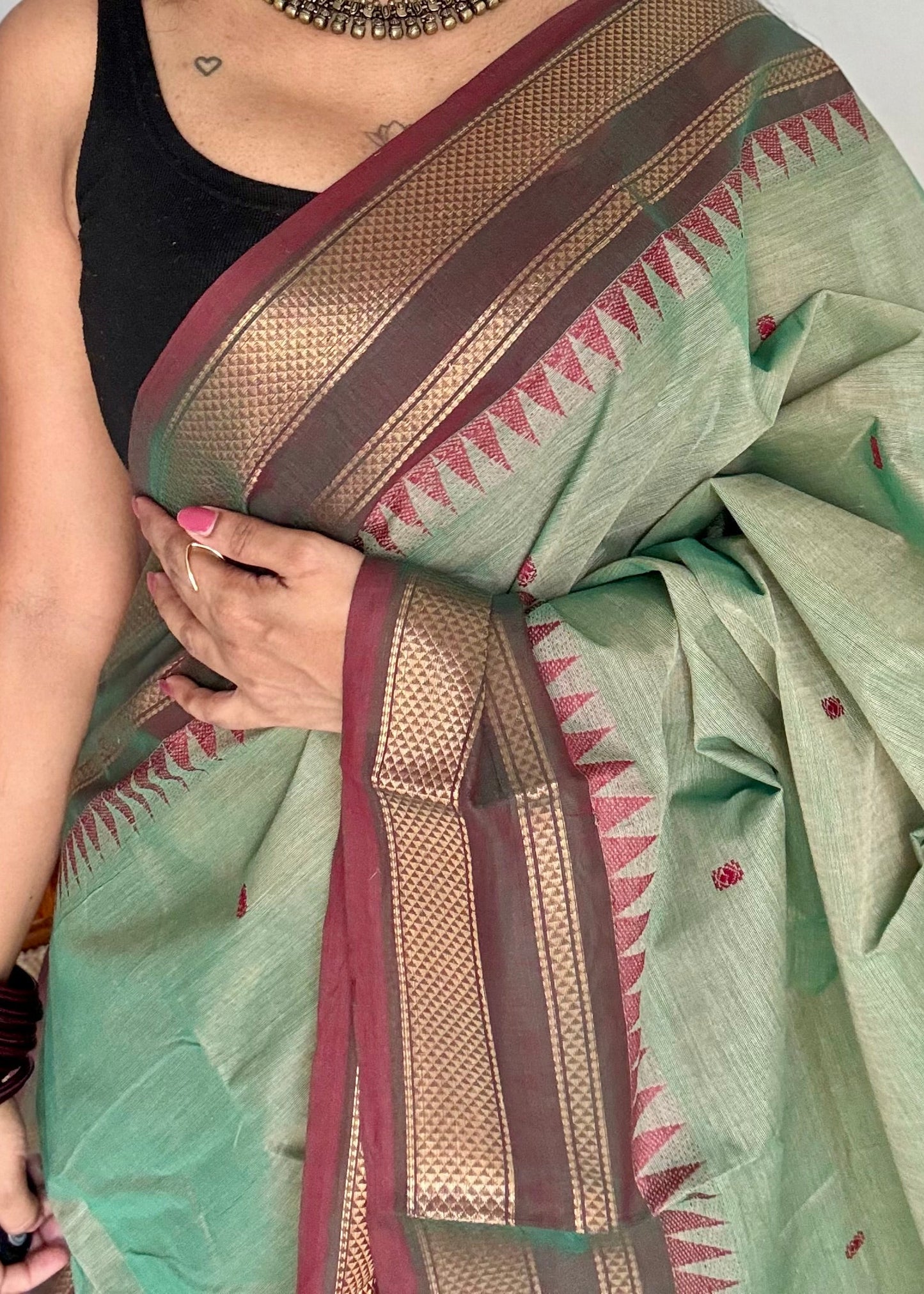 Kanchi cotton saree, mint green with brown khun inspired zari border - YCCOTNAP81