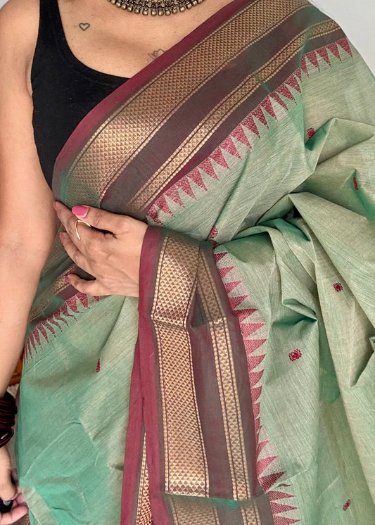 Kanchi cotton saree, mint green with brown khun inspired zari border - YCCOTNAP81