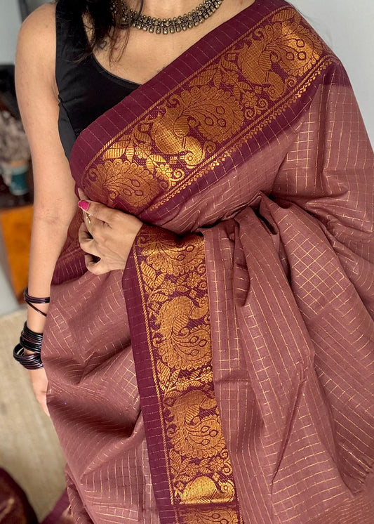 Light brown with maroon sungudi, madurai cotton - YCCOTNOCSC19