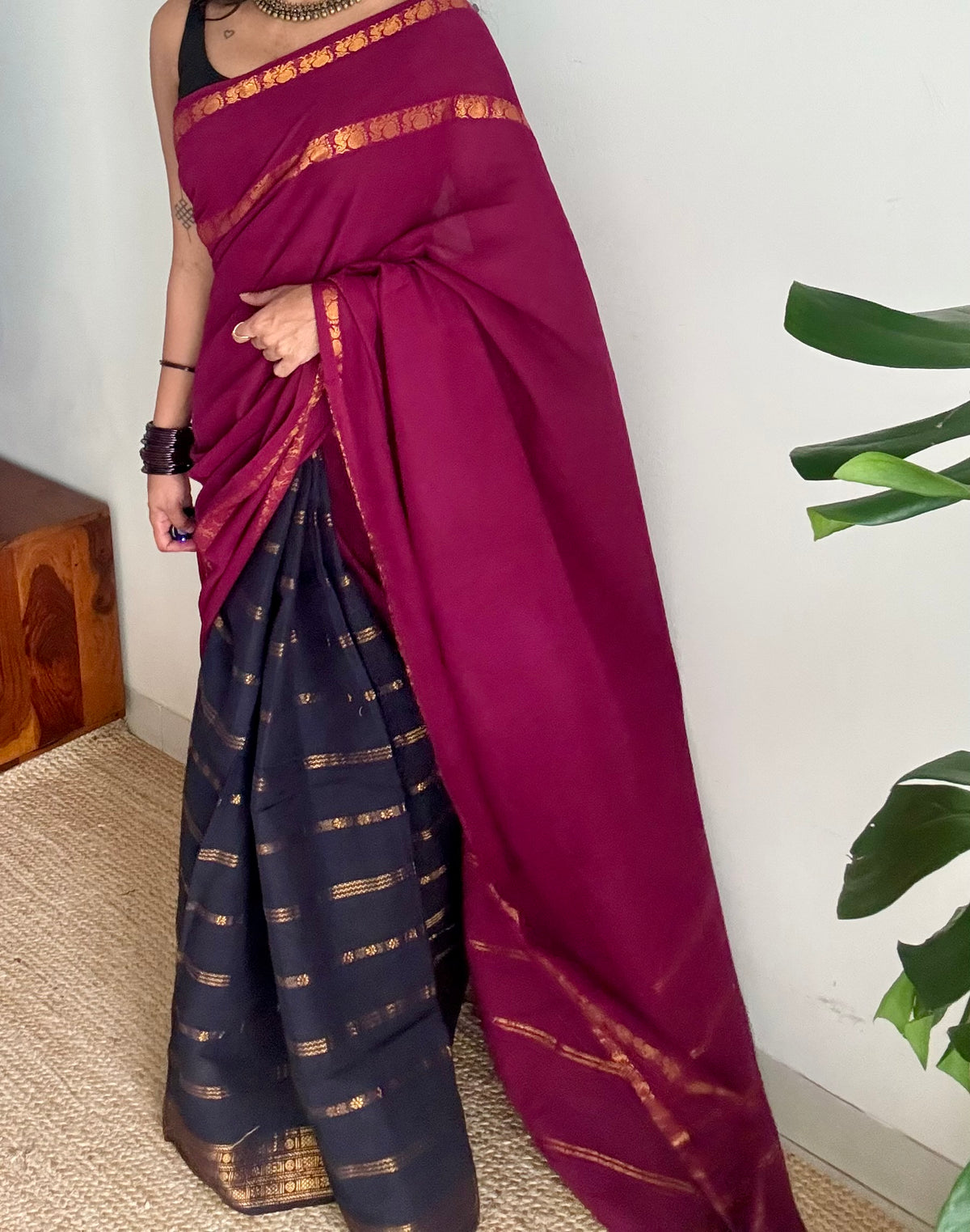 Purple pink (vadamalli) and black velthaari, sungudi cotton half-half saree - YCCOTNIDOC26
