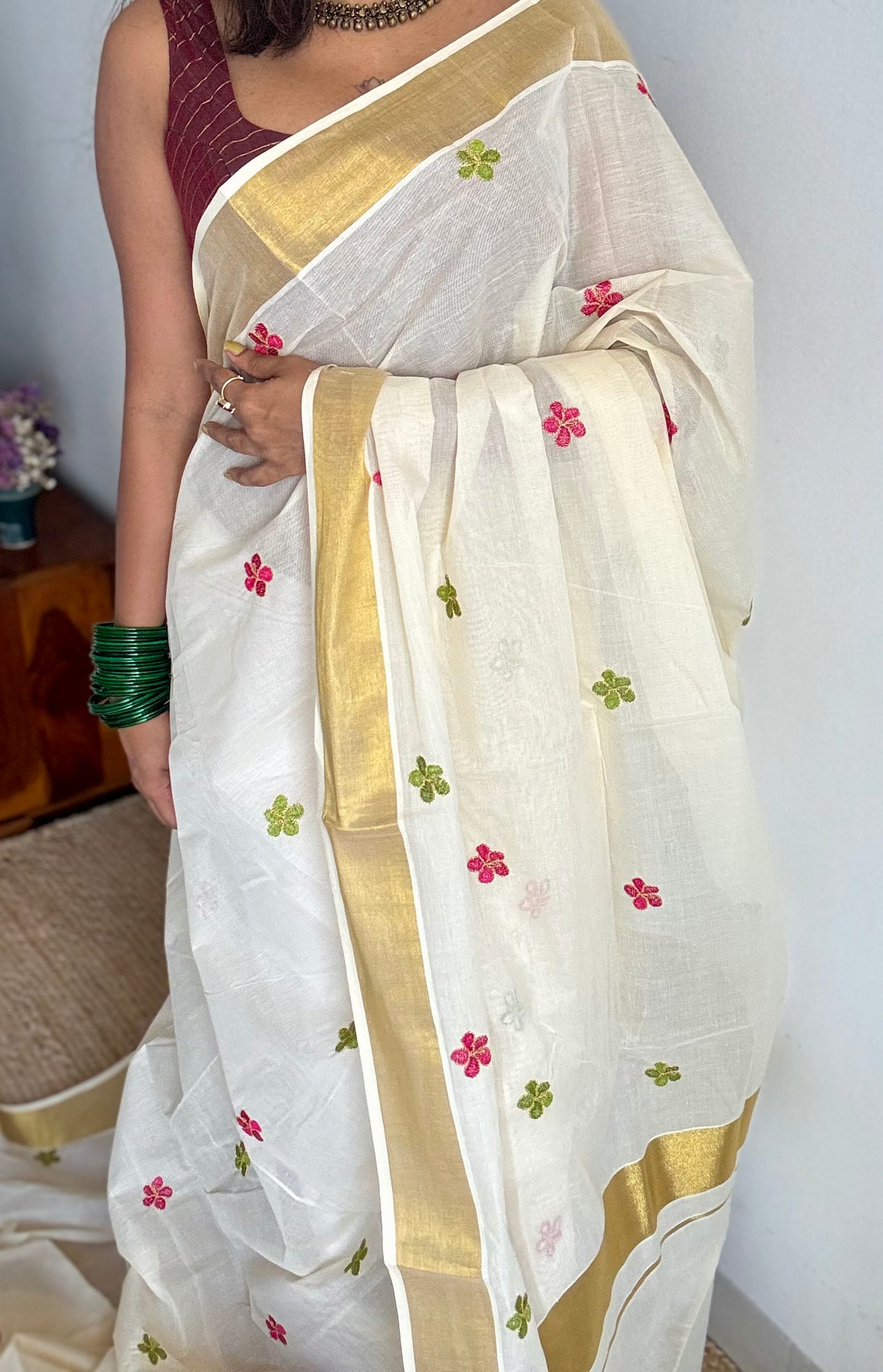 Ivory and gold saree with light green and hot pink floral embroidery - YCIEKCFE310