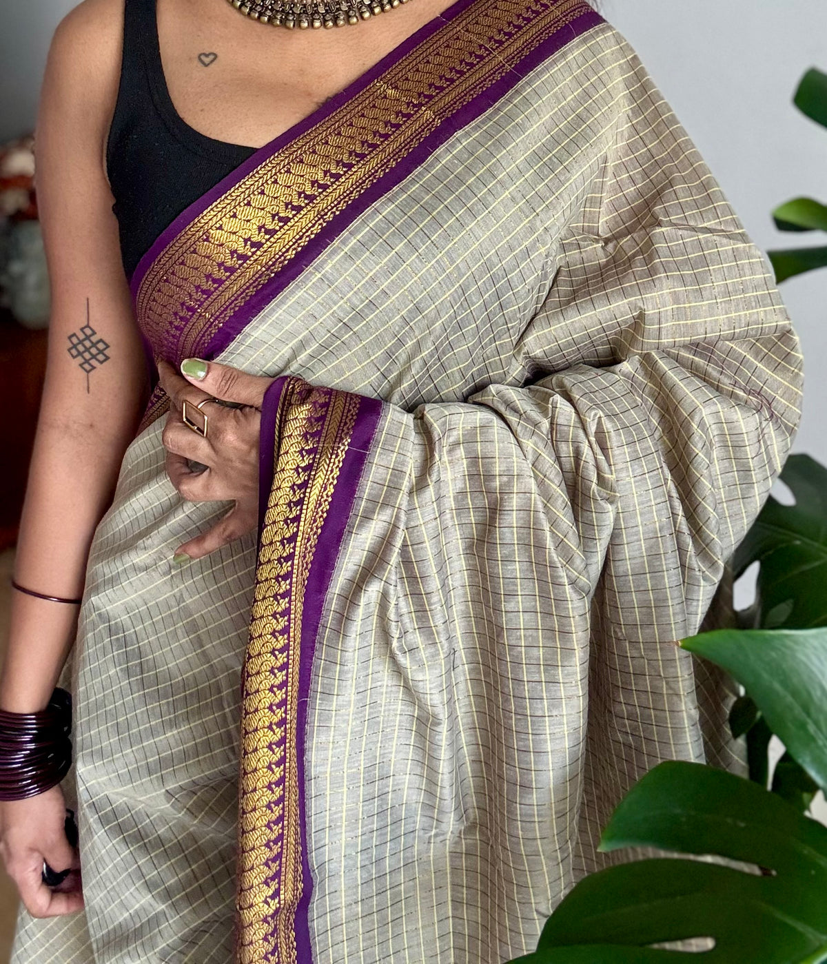 Warm grey with purple, zari checkered saree, cotton silk - YCCOTNKCOC110