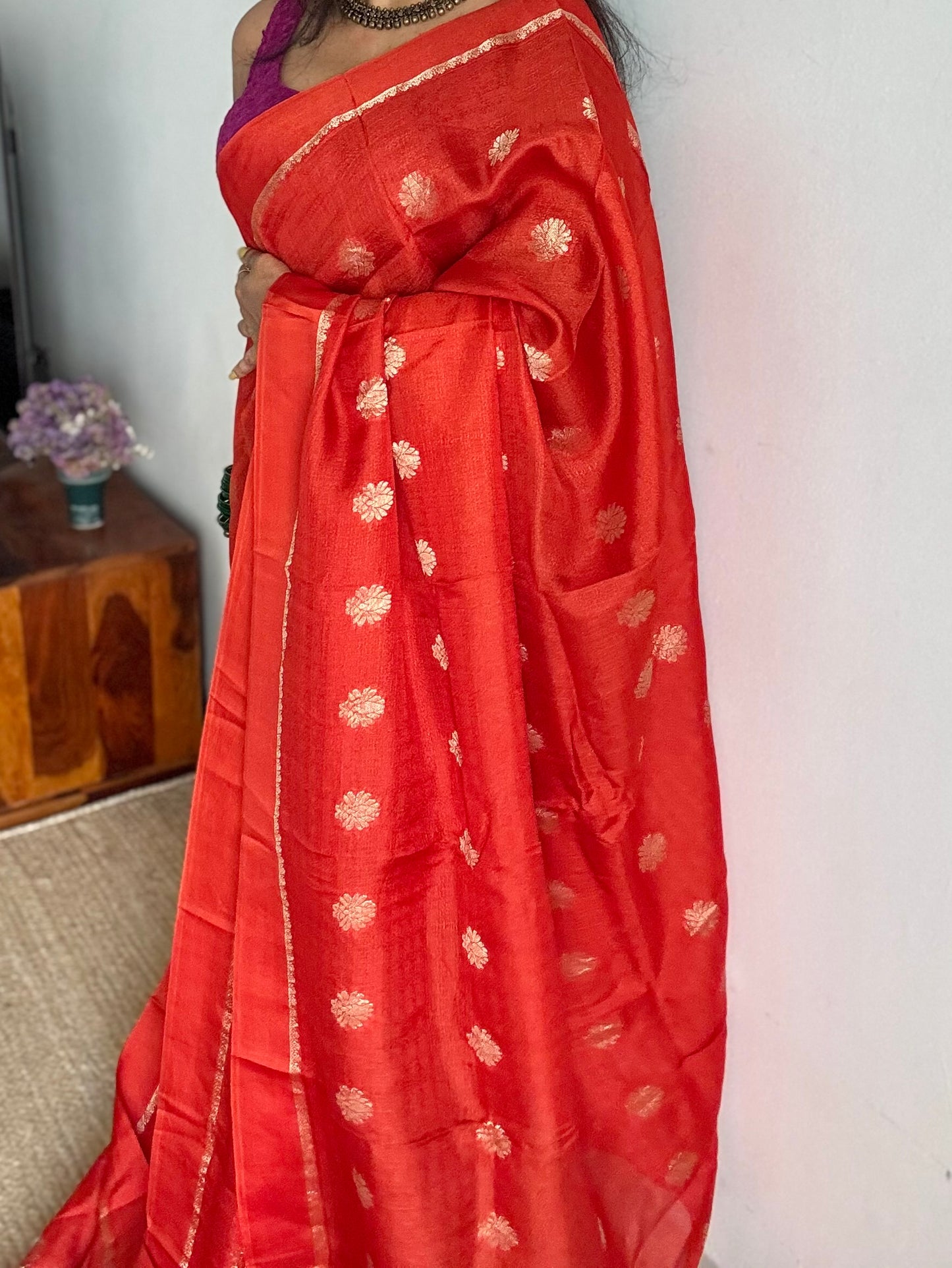 Rust orange in viscose soft silk with satin border, jacquard zari motifs - YCDOSFE200